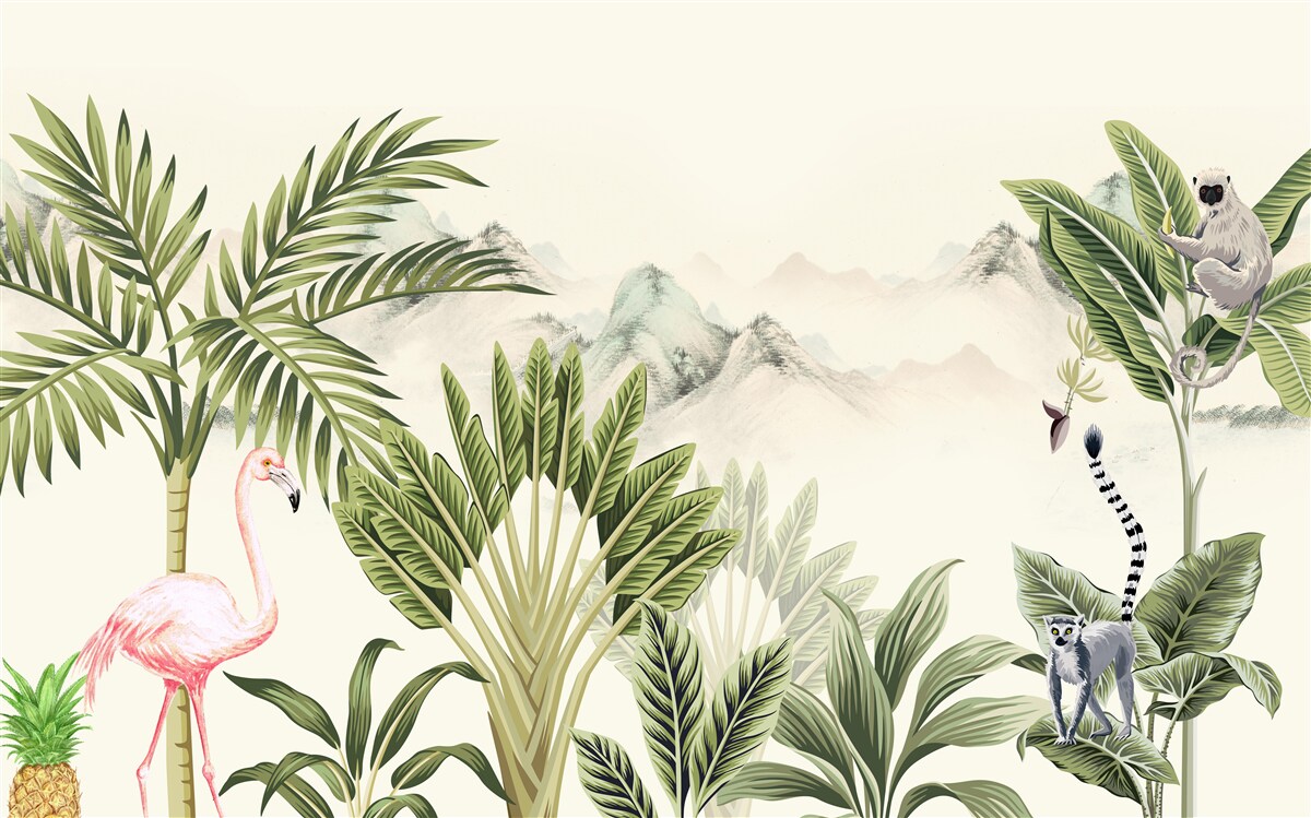 Фотошпалери екзотичні тропіки та пастельні рожеві фламінго