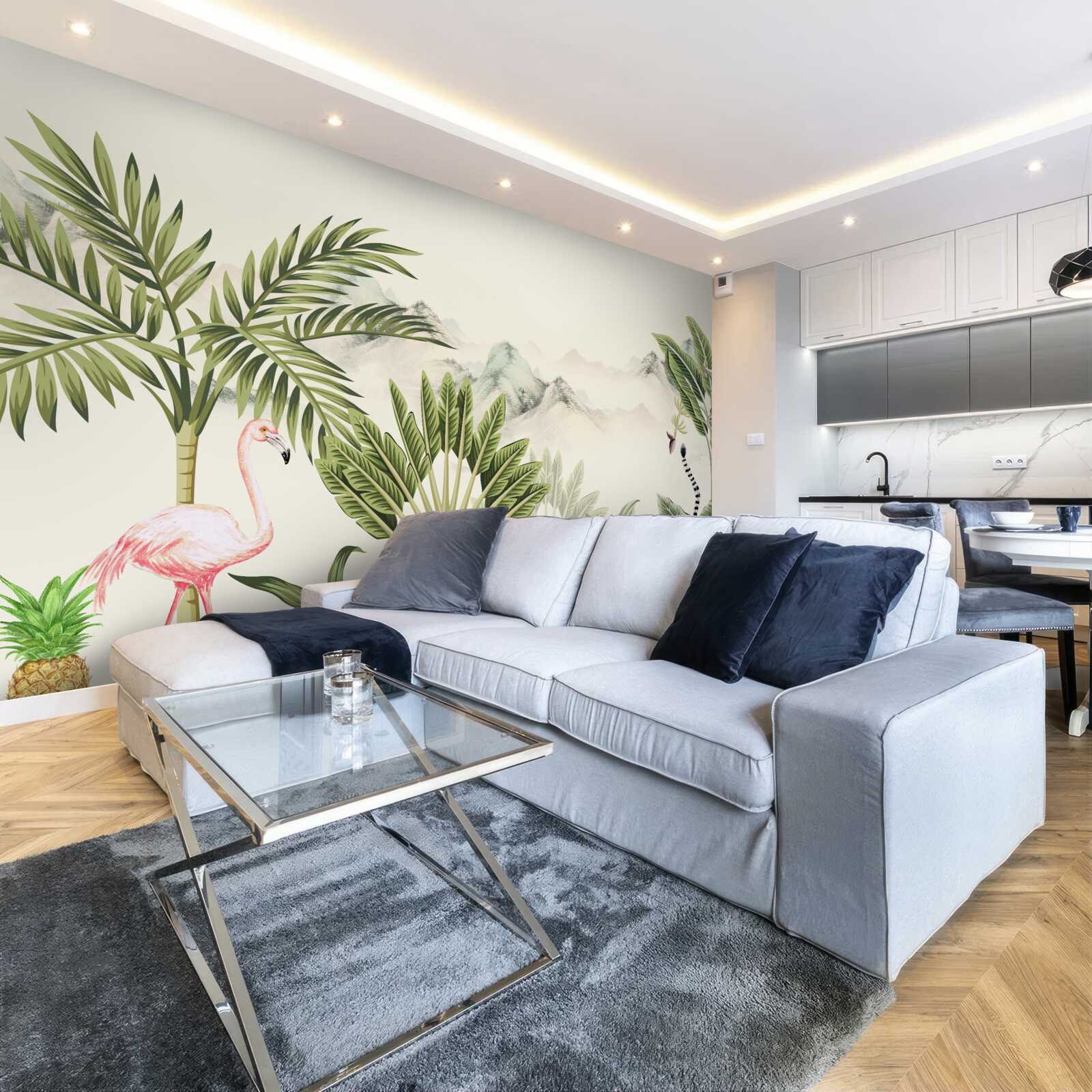 Фотошпалери екзотичні тропіки та пастельні рожеві фламінго