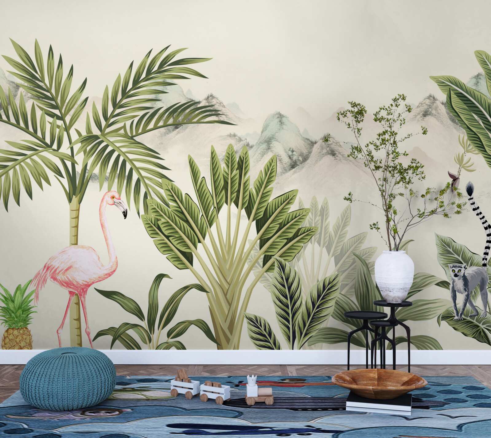 Фотошпалери екзотичні тропіки та пастельні рожеві фламінго