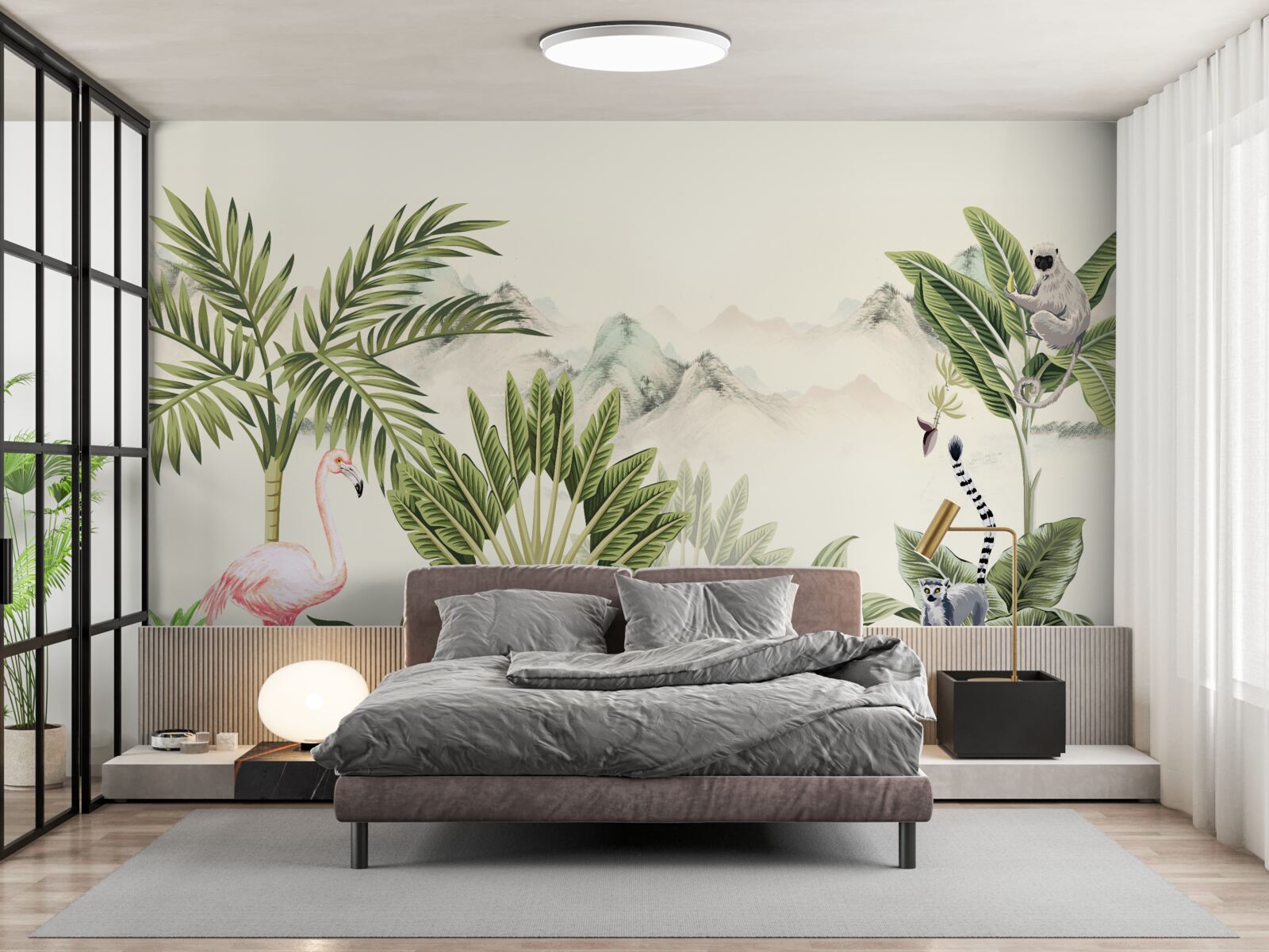 Фотошпалери екзотичні тропіки та пастельні рожеві фламінго