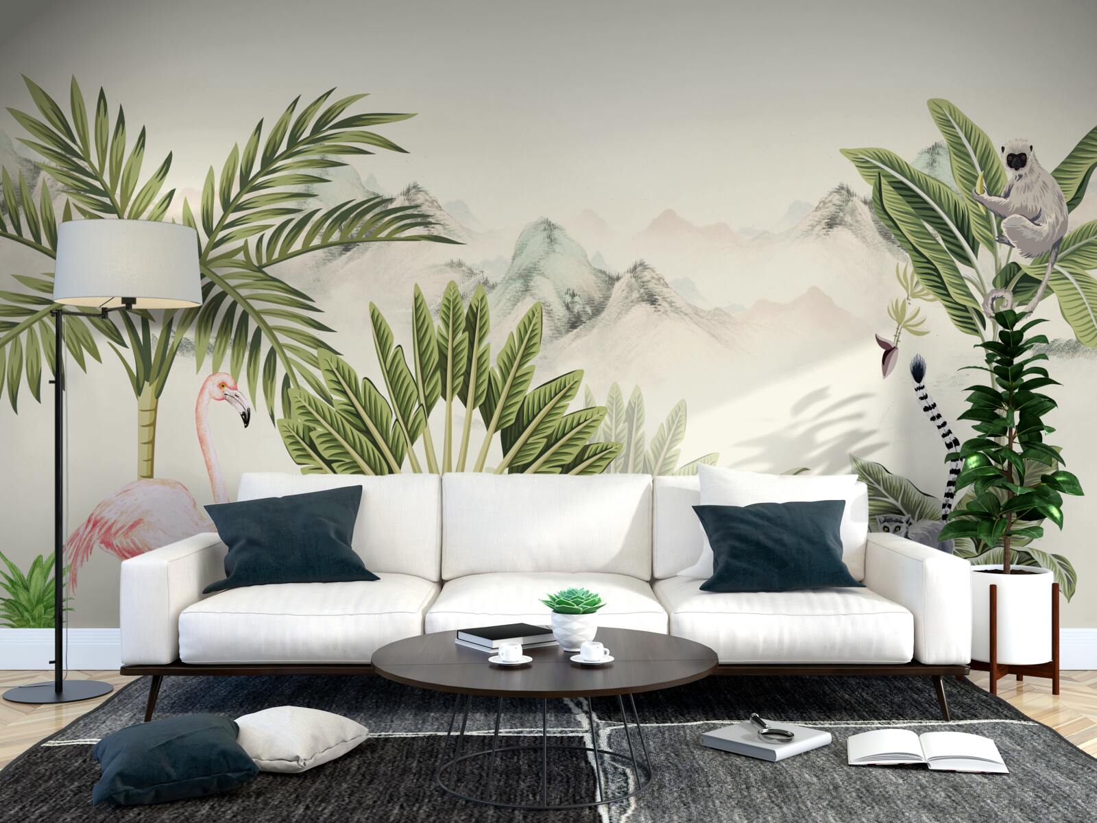 Фотошпалери екзотичні тропіки та пастельні рожеві фламінго