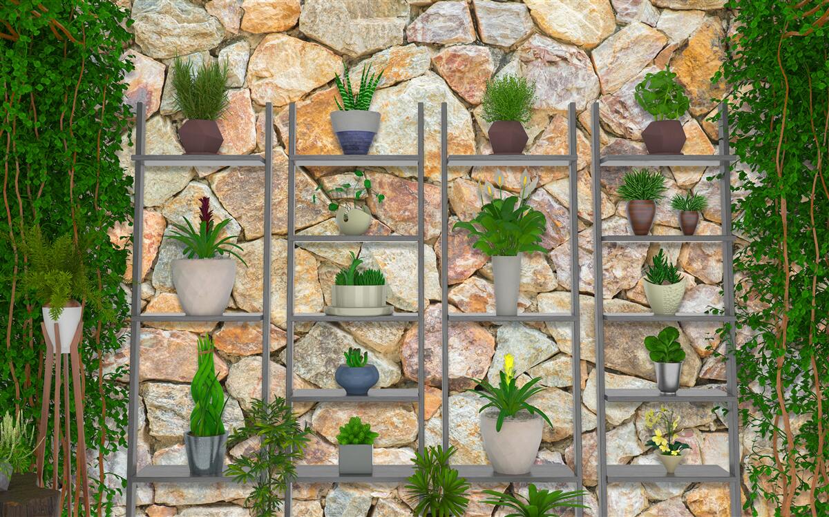 Фотошпалери рослини в горщиках на полиці, пофарбовані в зелений колір