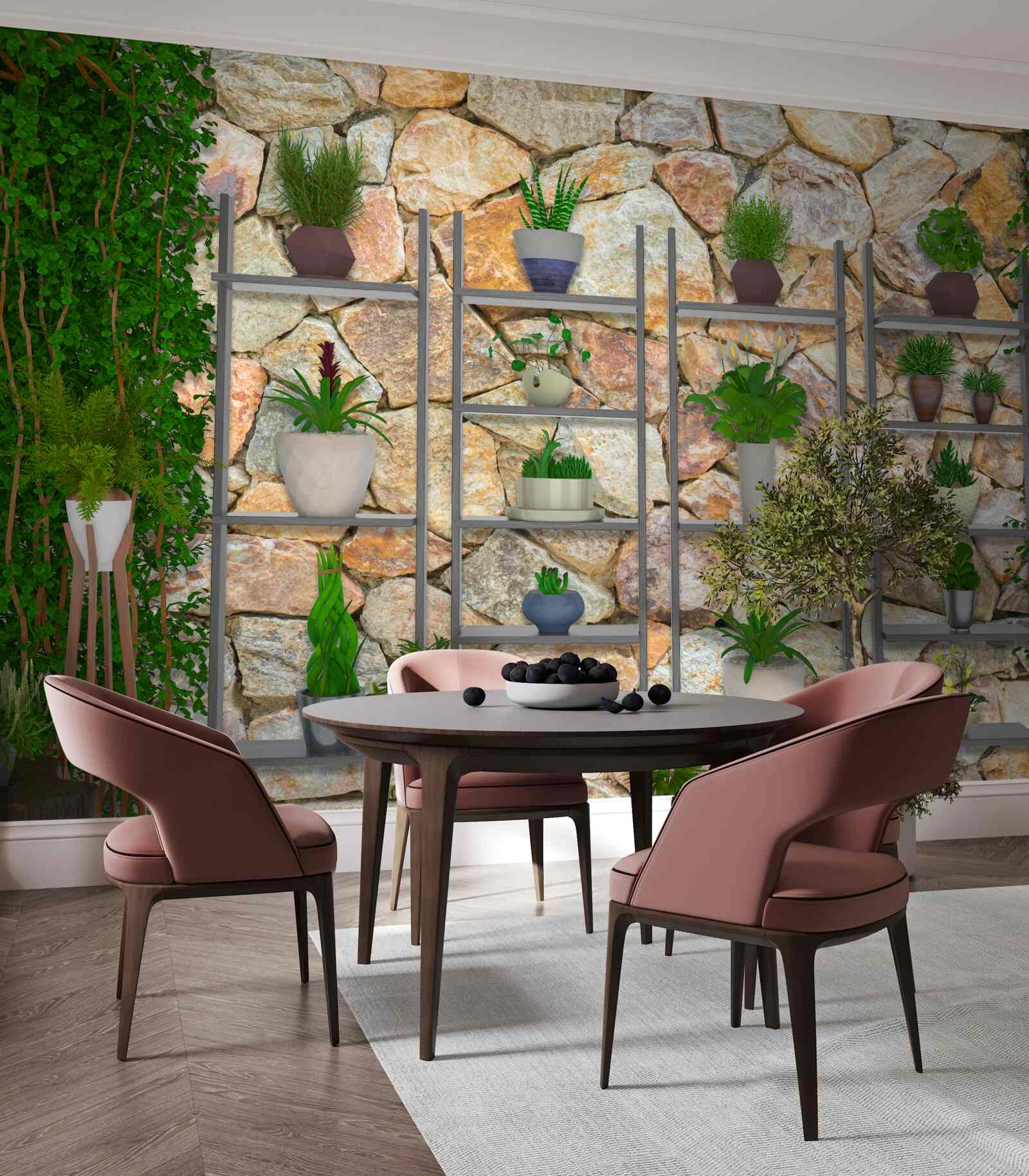 Фотошпалери рослини в горщиках на полиці, пофарбовані в зелений колір