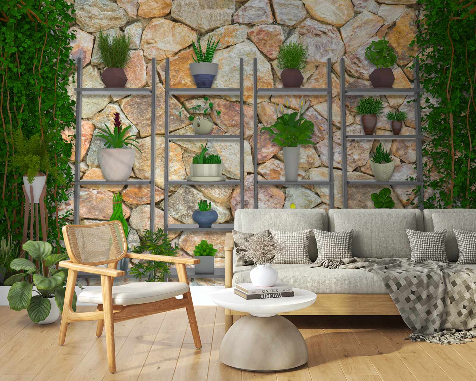 Фотошпалери рослини в горщиках на полиці, пофарбовані в зелений колір