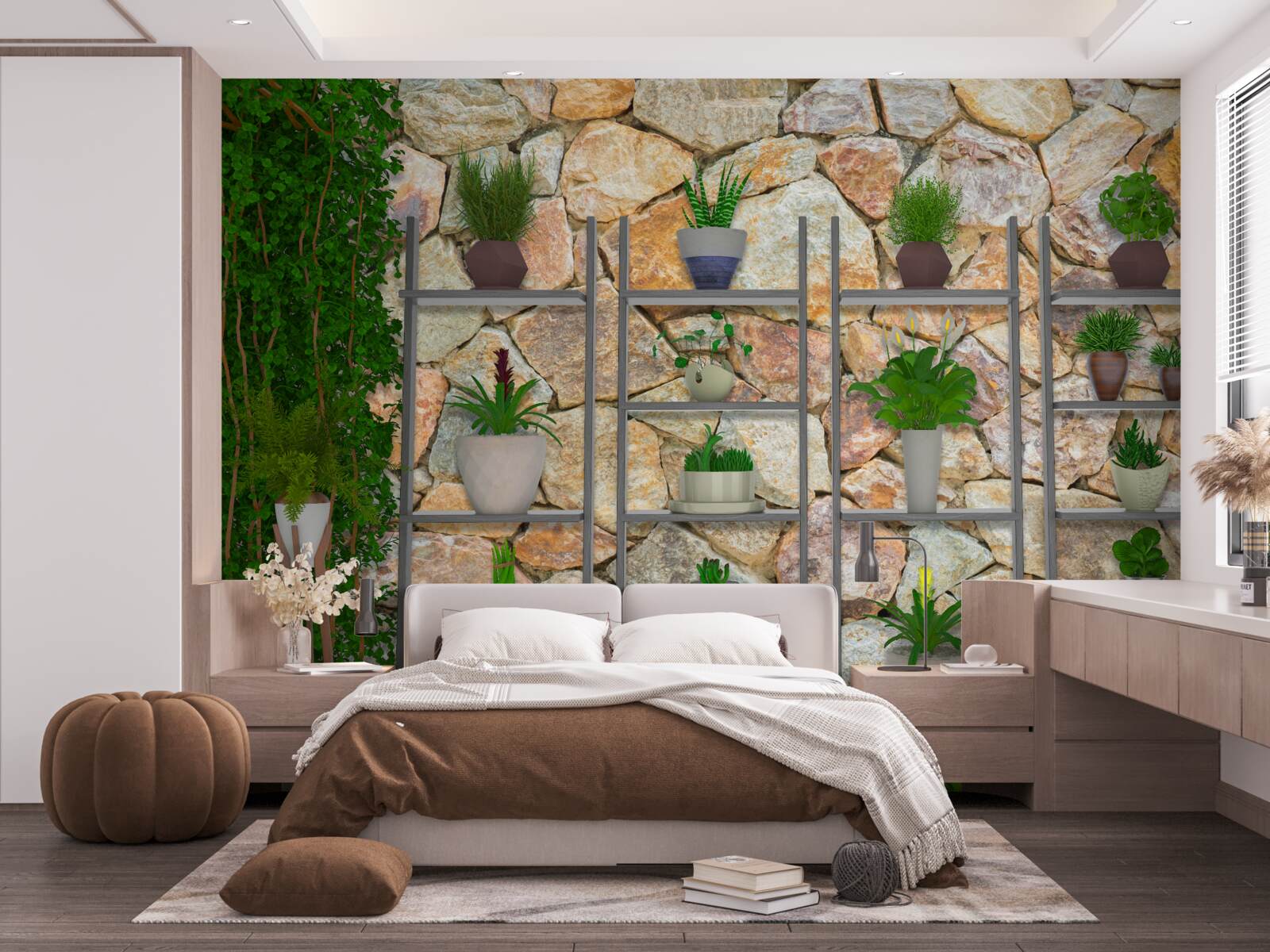 Фотошпалери рослини в горщиках на полиці, пофарбовані в зелений колір