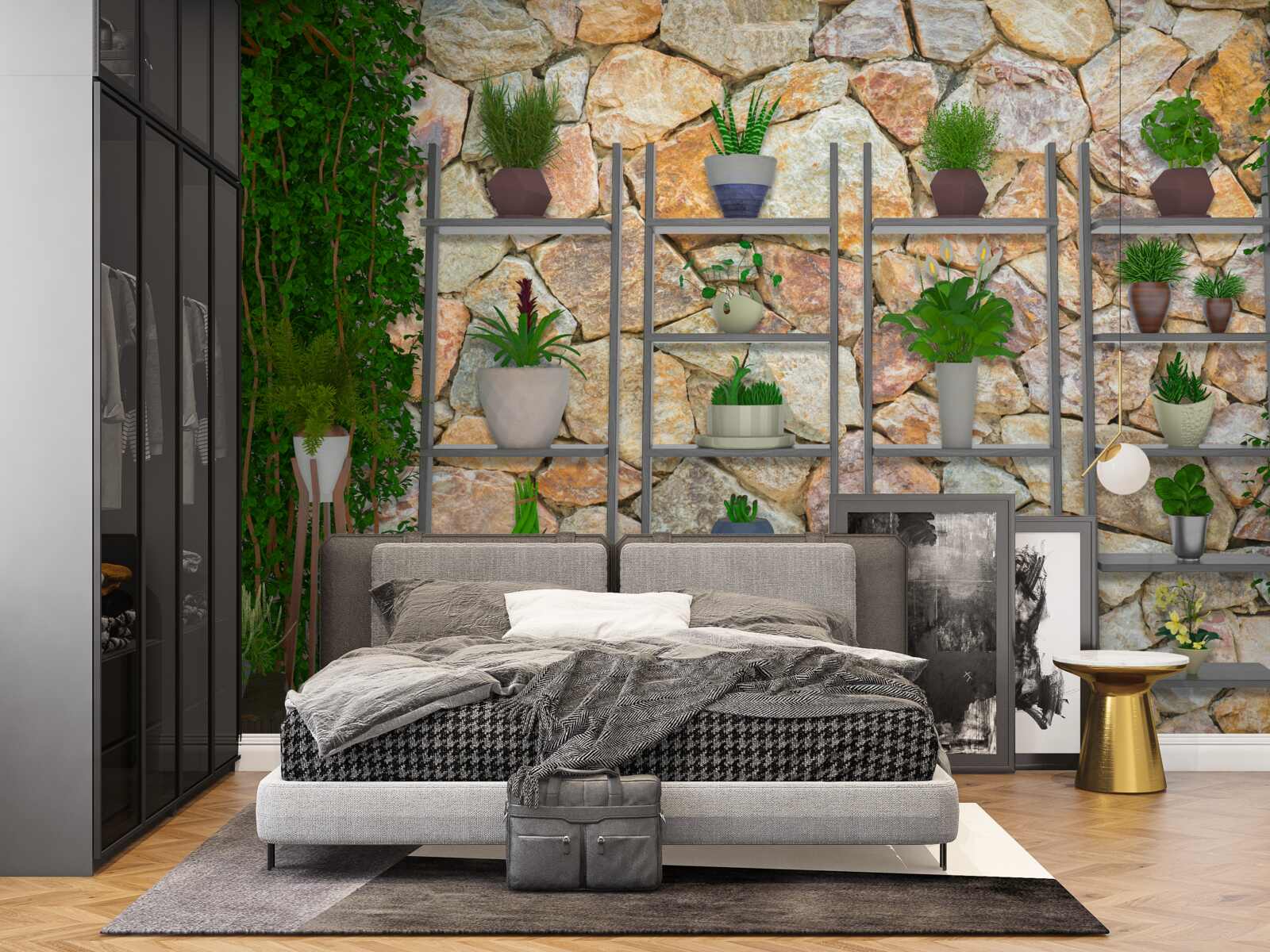 Фотошпалери рослини в горщиках на полиці, пофарбовані в зелений колір