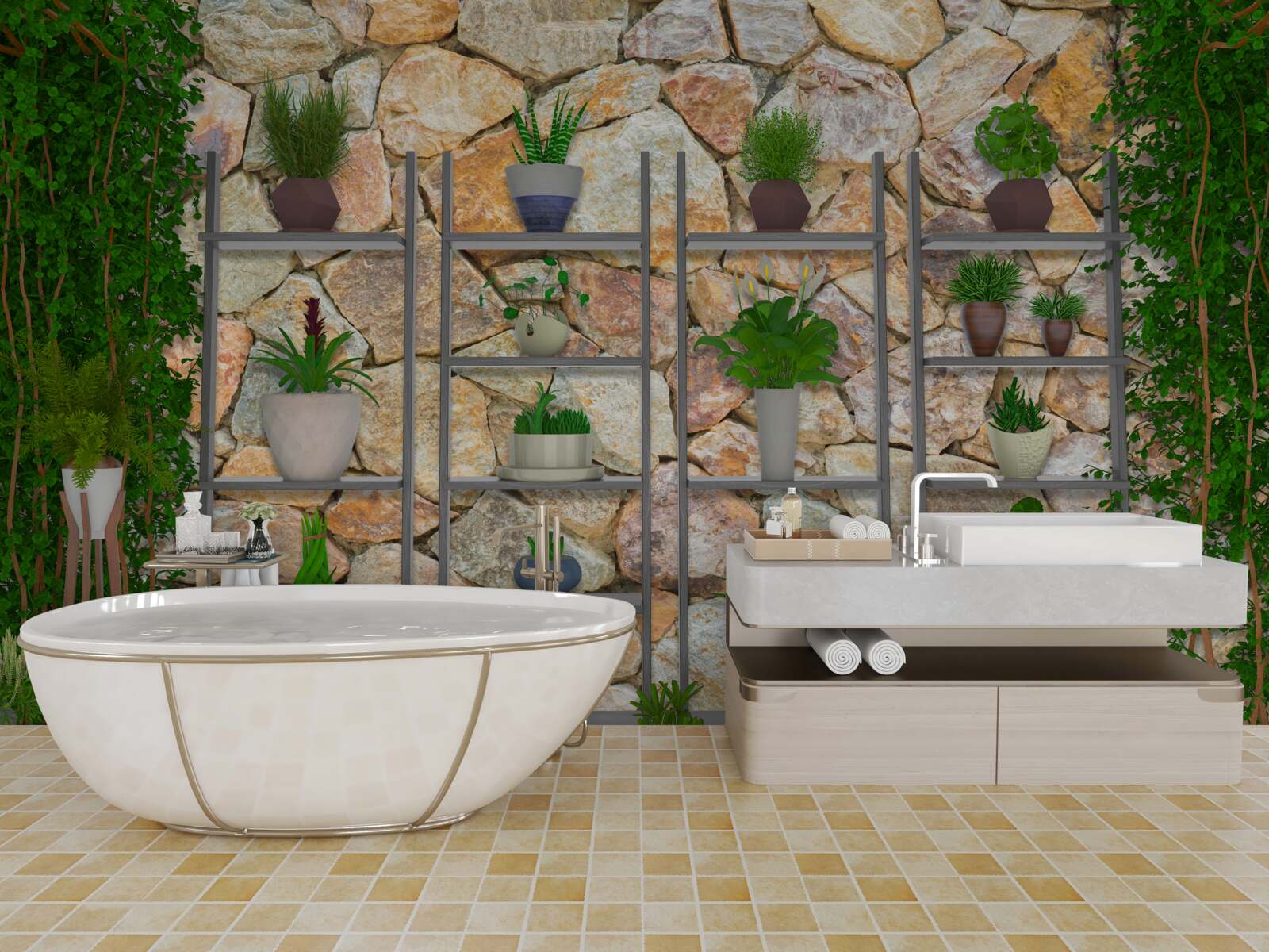 Фотошпалери рослини в горщиках на полиці, пофарбовані в зелений колір