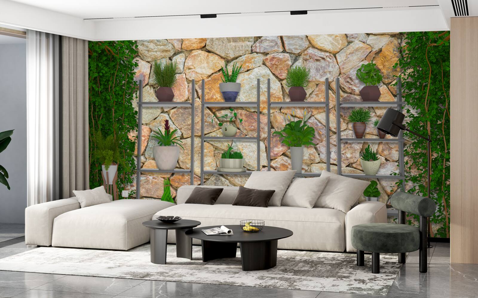 Фотошпалери рослини в горщиках на полиці, пофарбовані в зелений колір