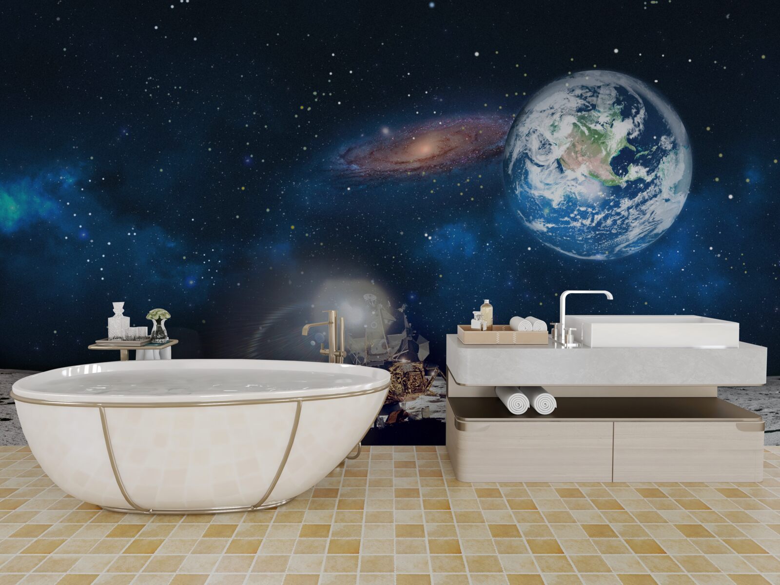 Фотошпалери погляд на Землю з космічної перспективи Місяця з футуристичними елементами