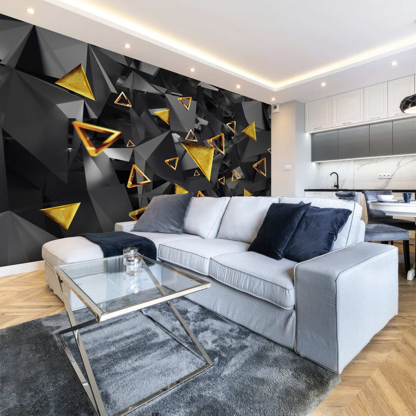 Фотошпалери золоті трикутники, що піднімаються проти темряви