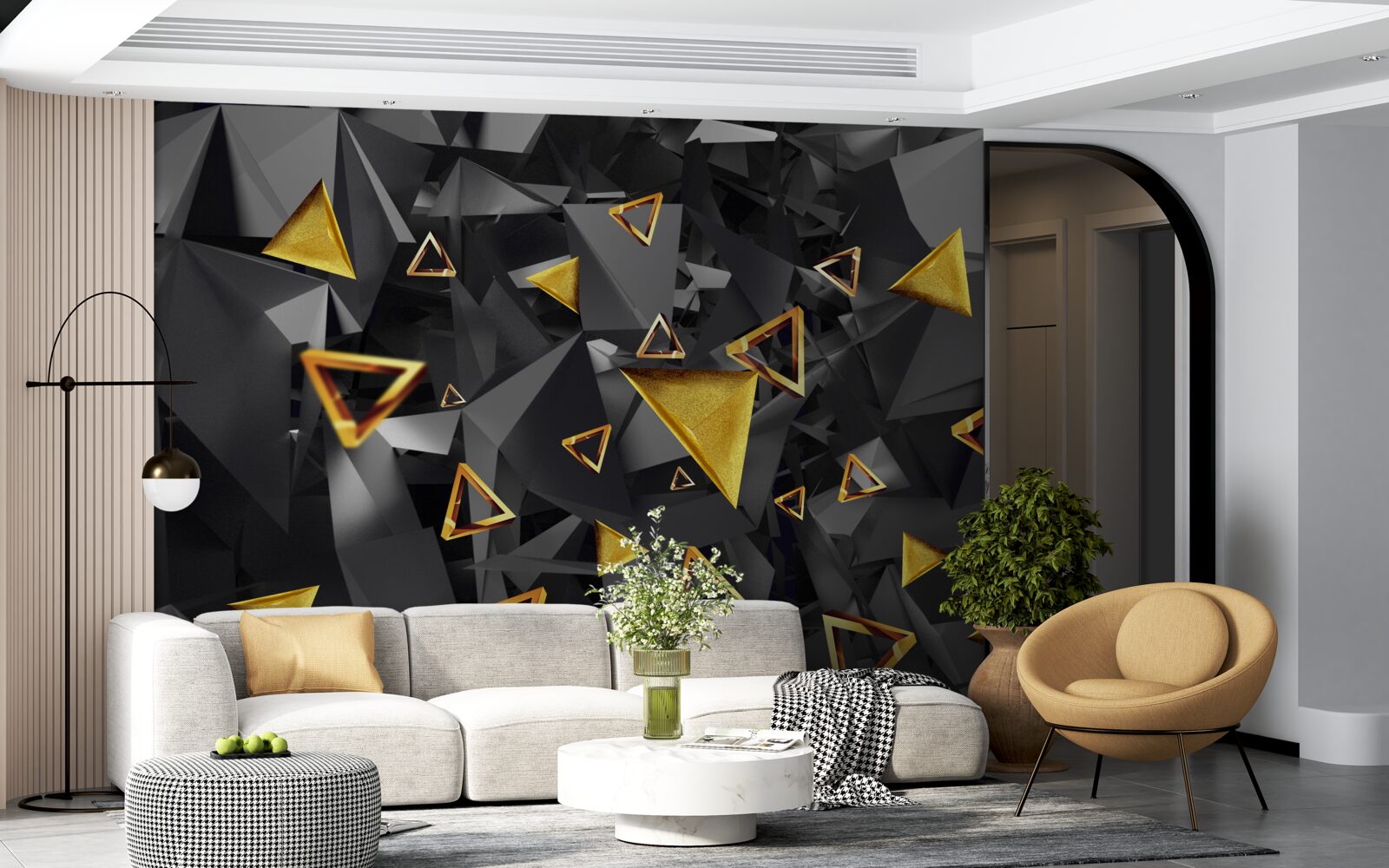 Фотошпалери золоті трикутники, що піднімаються проти темряви