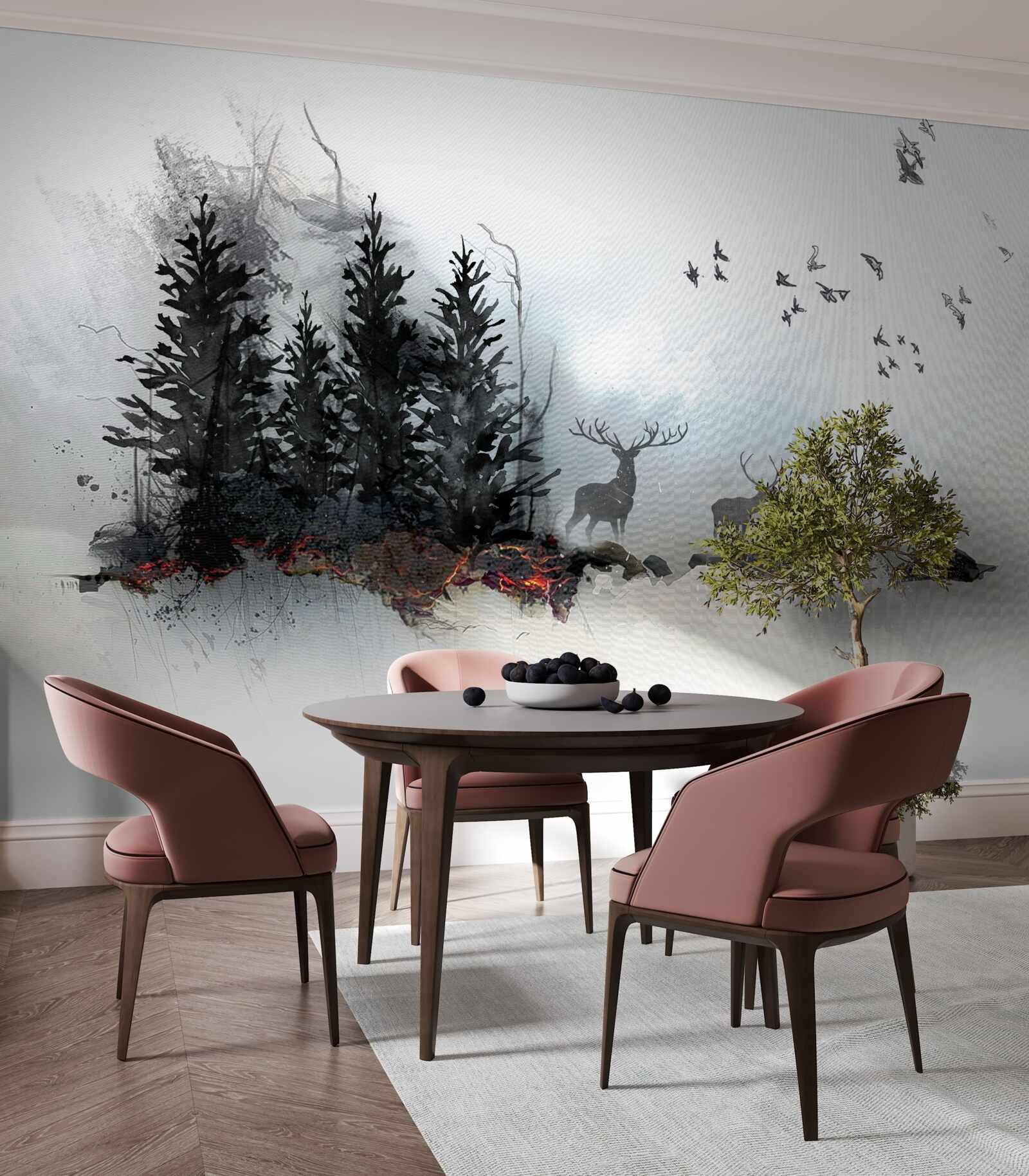 Фотошпалери зграя птахів прощається з оленями