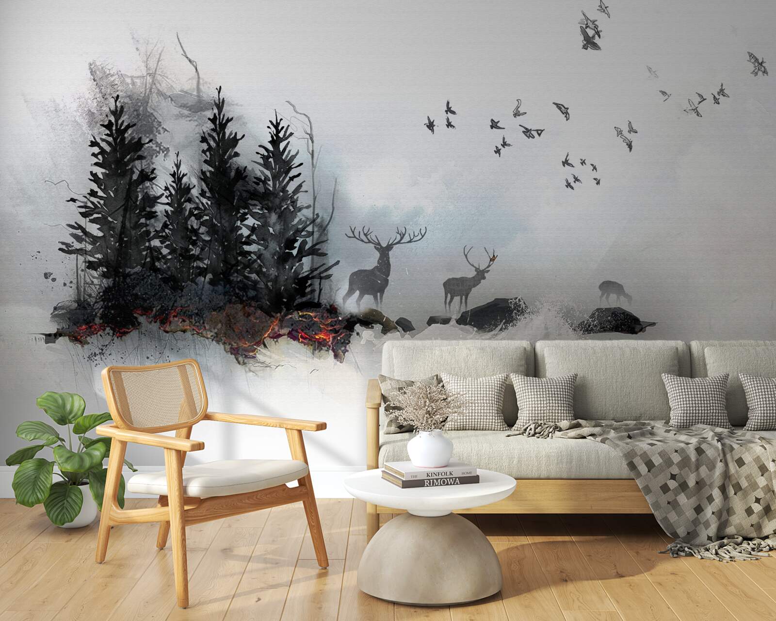 Фотошпалери зграя птахів прощається з оленями