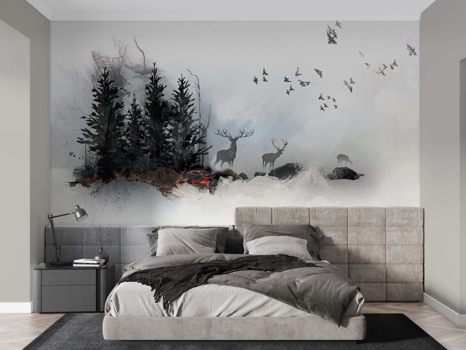 Фотошпалери зграя птахів прощається з оленями