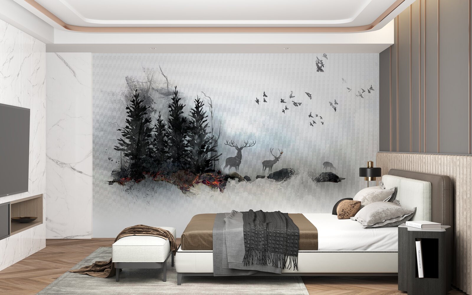 Фотошпалери зграя птахів прощається з оленями