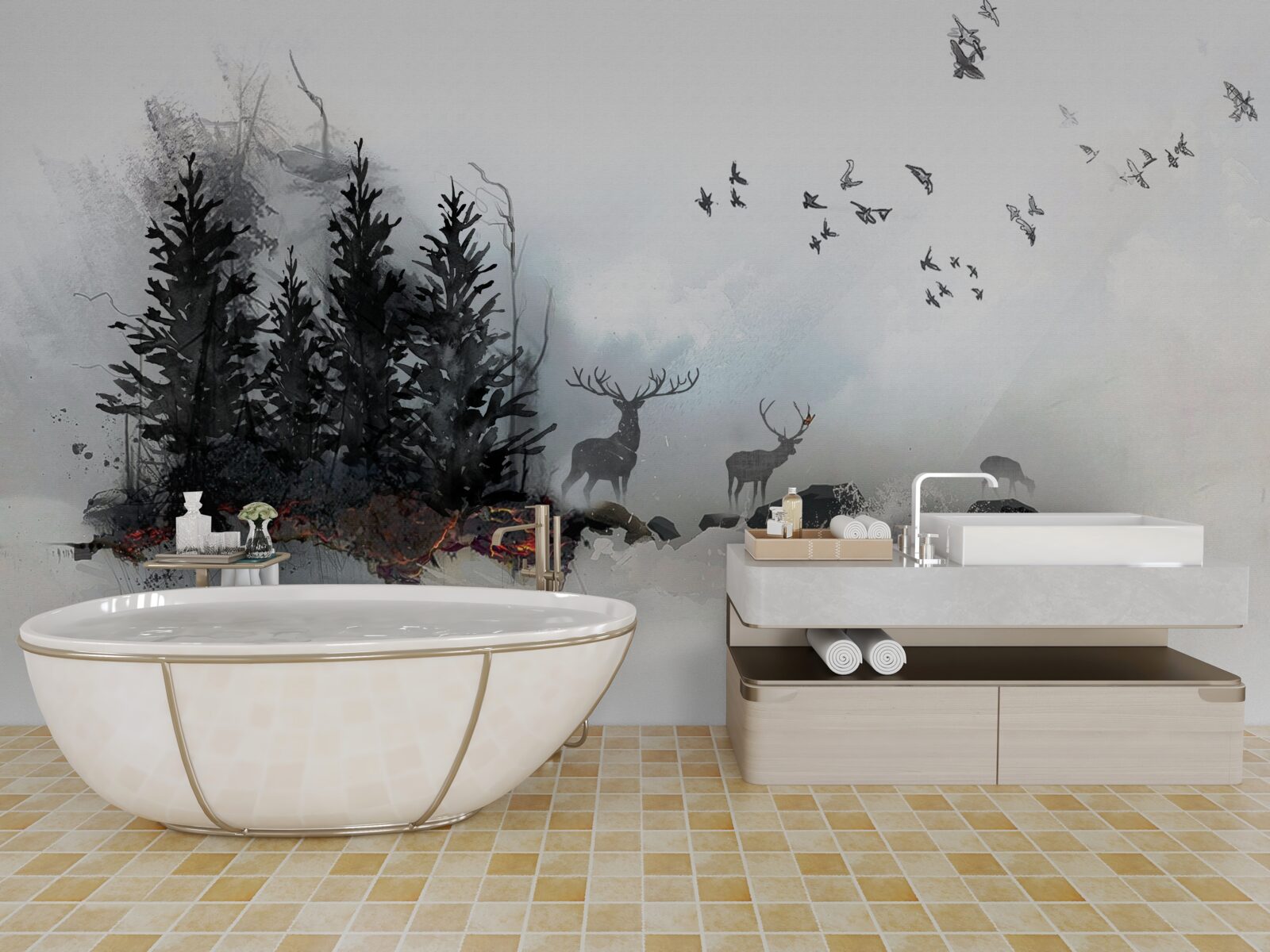 Фотошпалери зграя птахів прощається з оленями