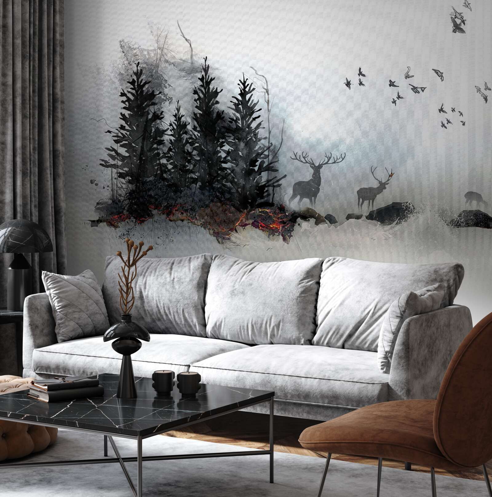 Фотошпалери зграя птахів прощається з оленями