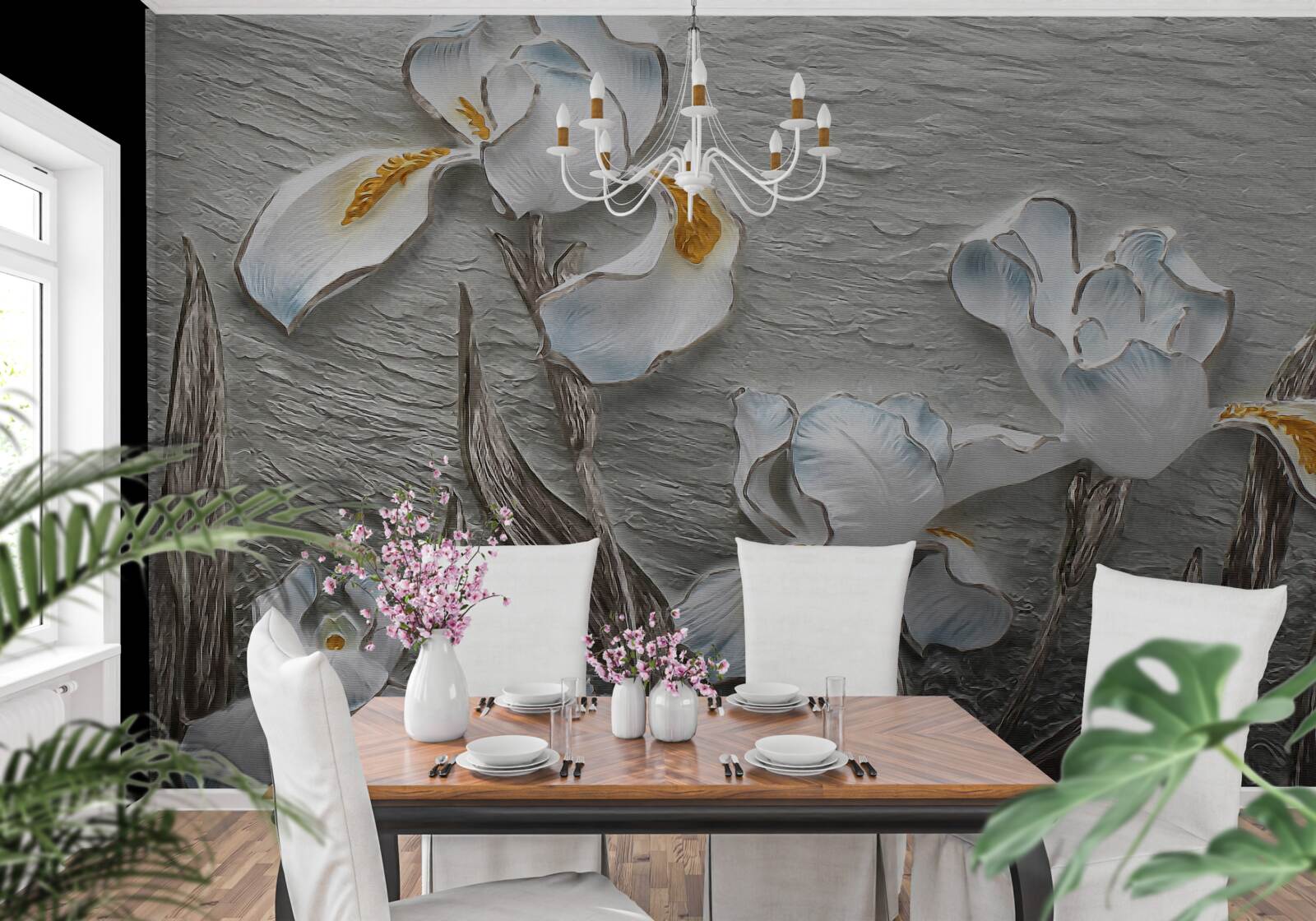 Фотошпалери Білосніжні іриси під час сильного пориву вітру