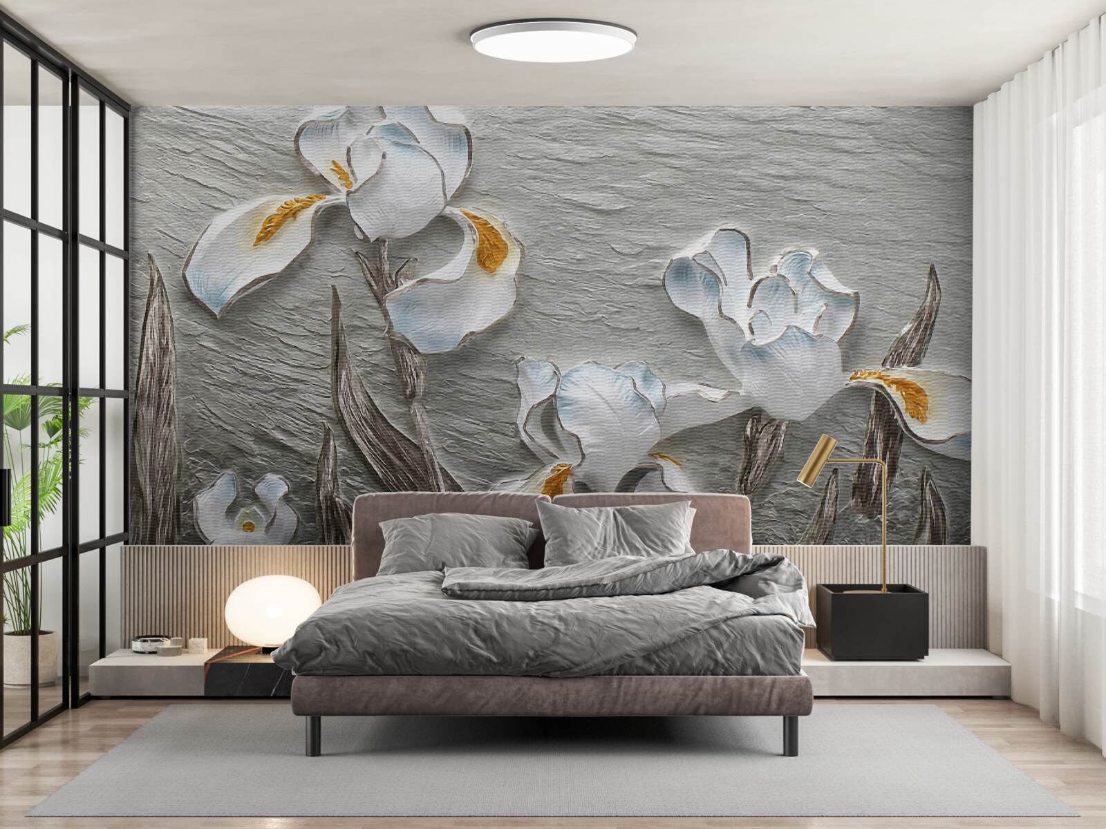 Фотошпалери Білосніжні іриси під час сильного пориву вітру