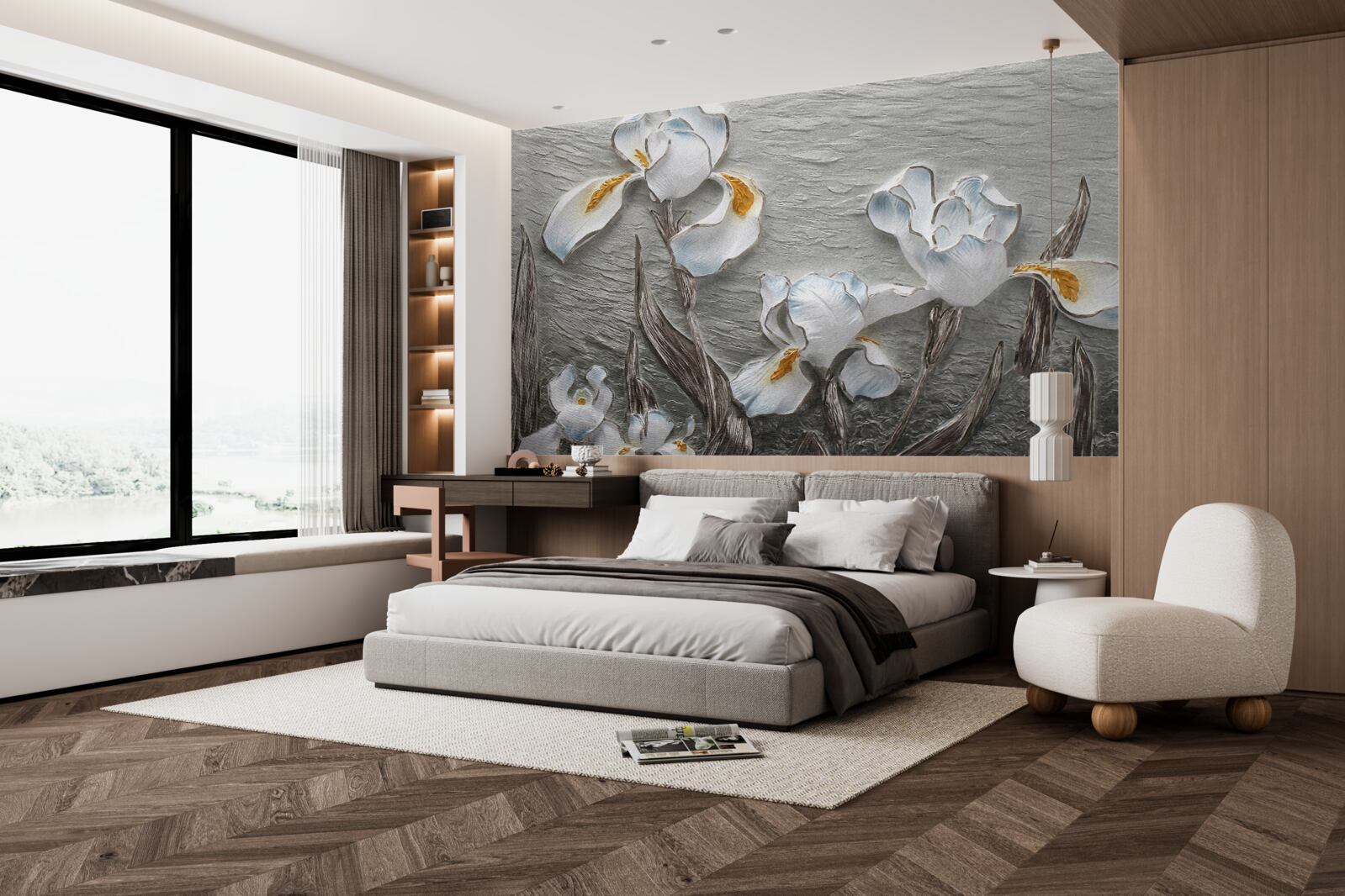 Фотошпалери Білосніжні іриси під час сильного пориву вітру