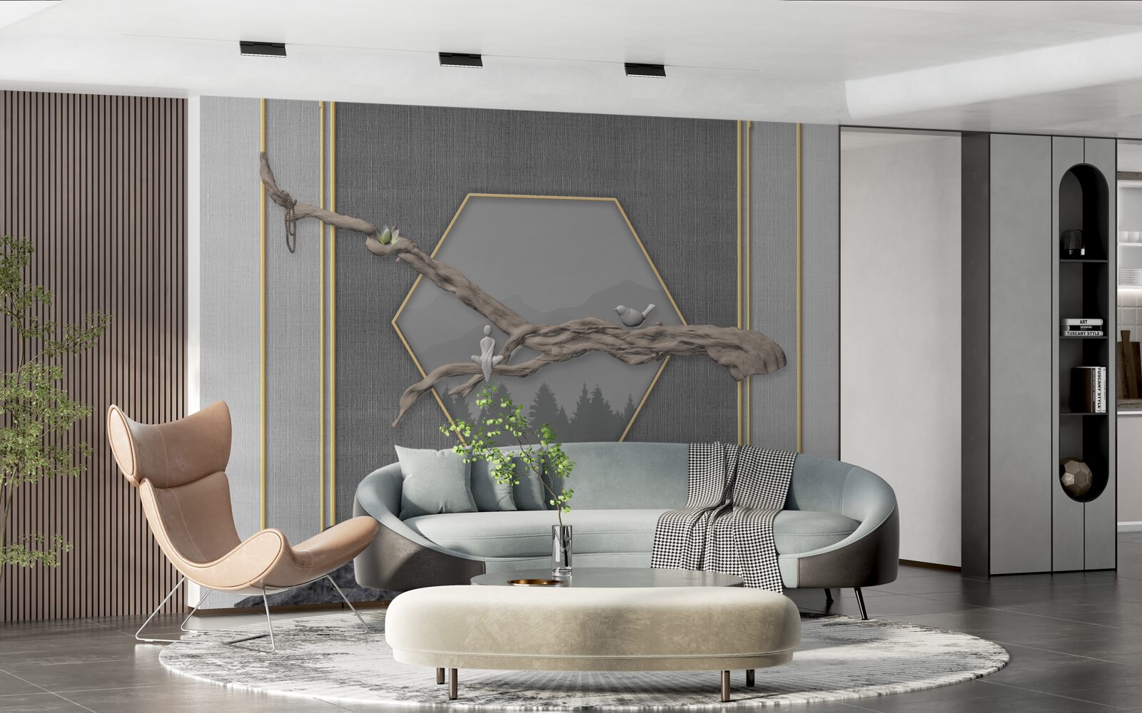 Фотошпалери птахи на гілці бонсай над темними гірськими вершинами