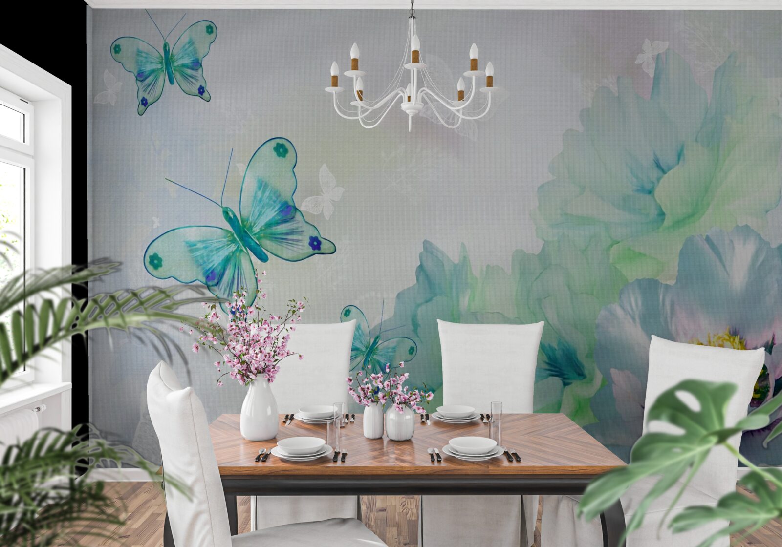 Фотошпалери ніжні квіти та крилаті метелики