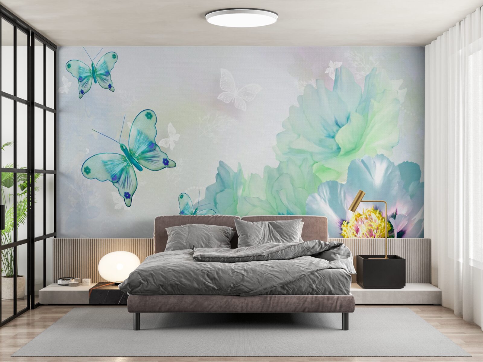 Фотошпалери ніжні квіти та крилаті метелики