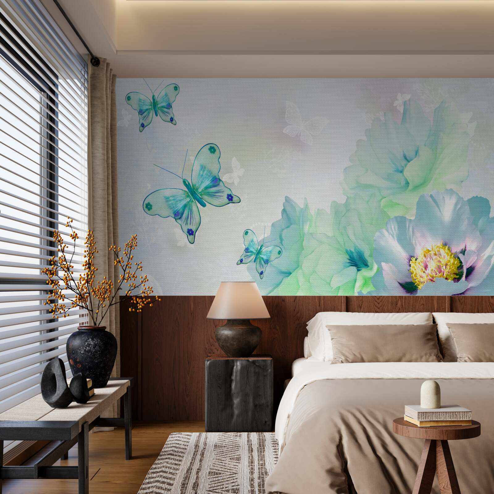 Фотошпалери ніжні квіти та крилаті метелики