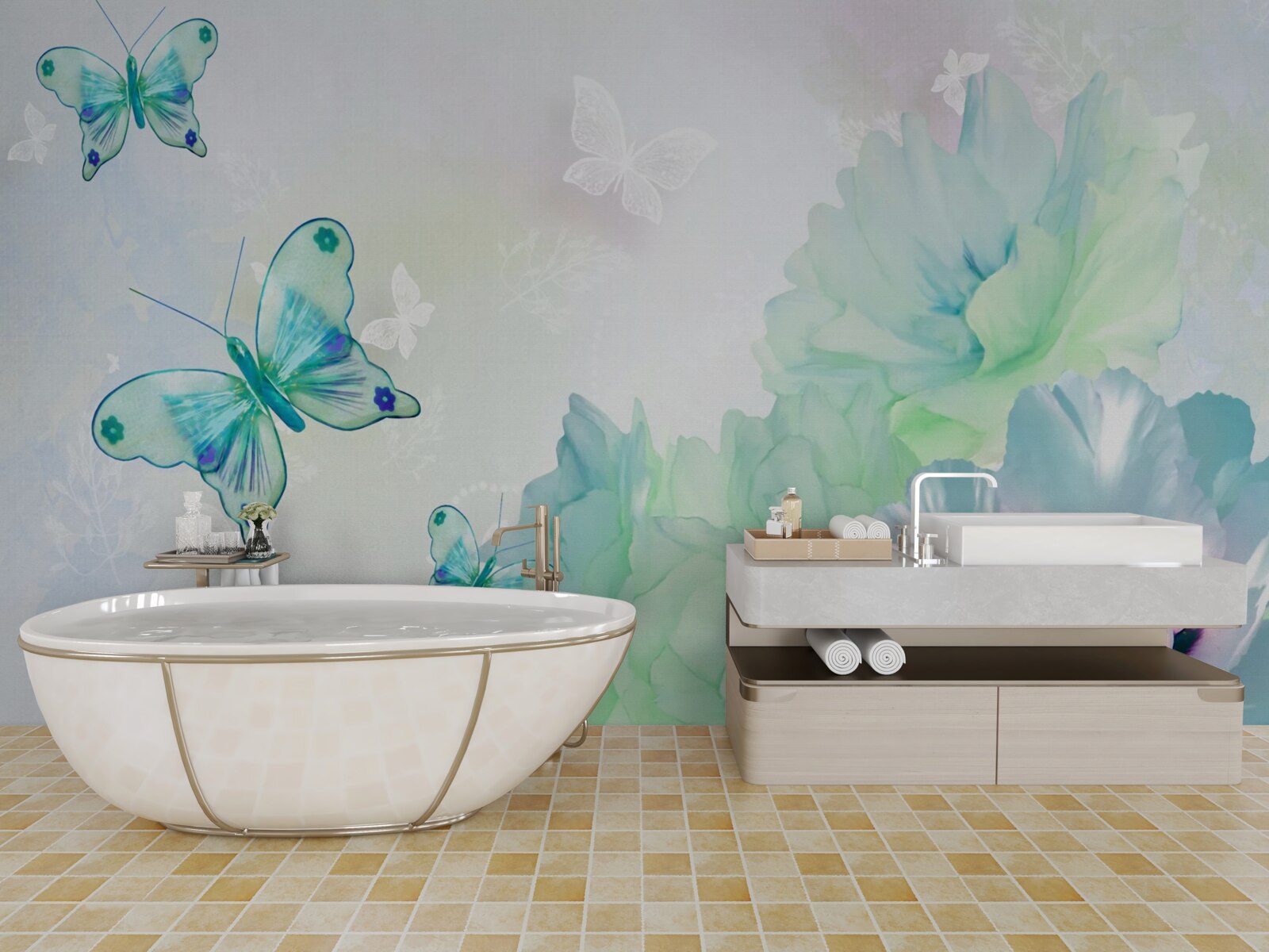 Фотошпалери ніжні квіти та крилаті метелики