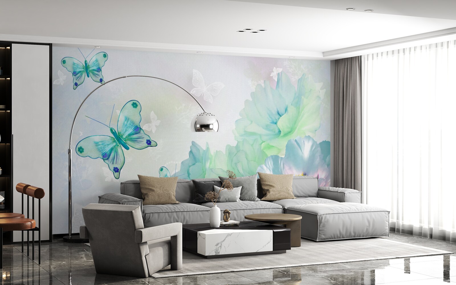 Фотошпалери ніжні квіти та крилаті метелики