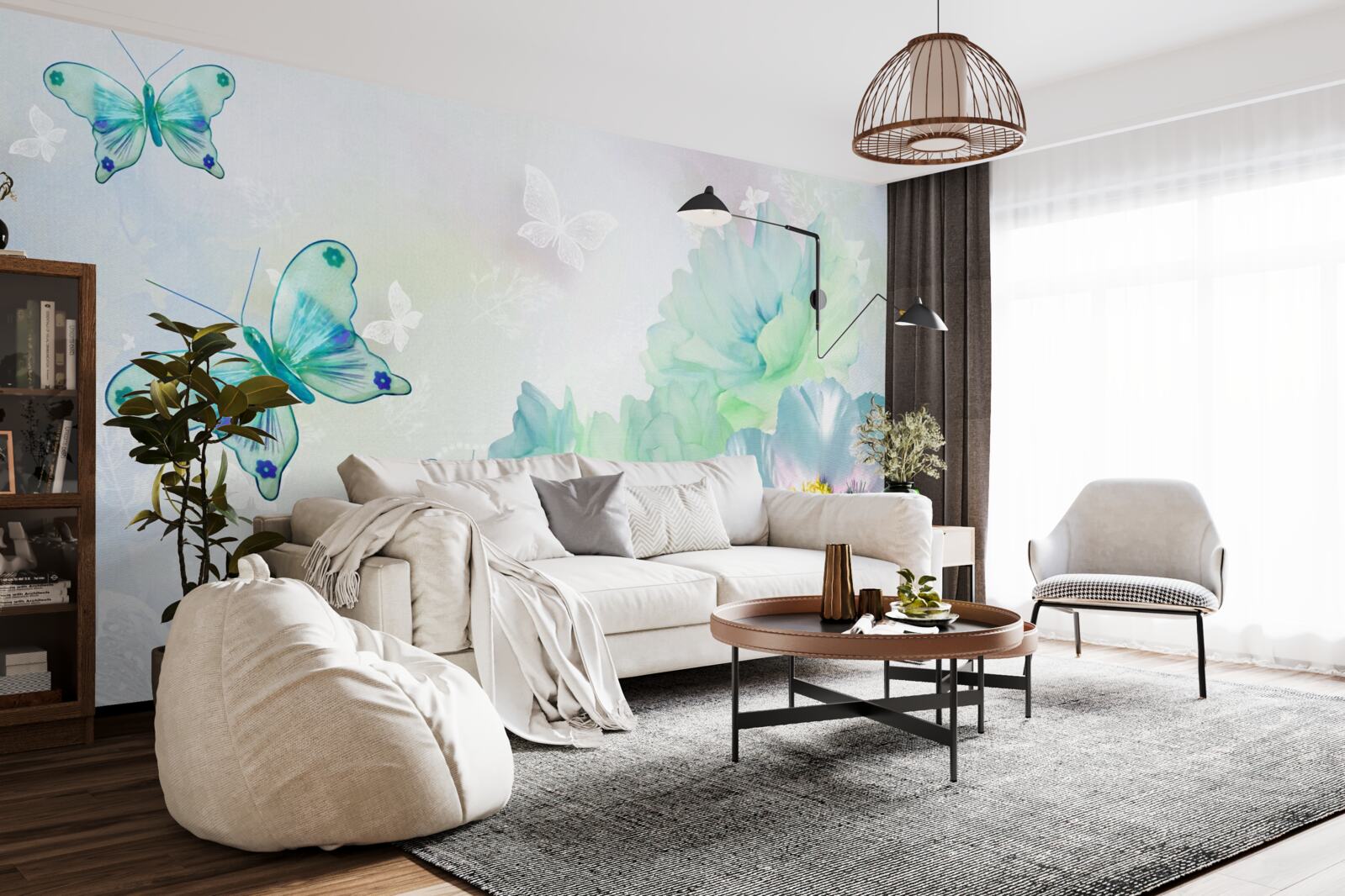 Фотошпалери ніжні квіти та крилаті метелики