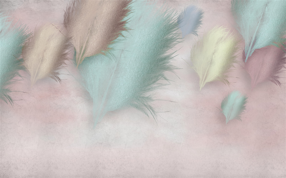Фотошпалери пір'я різних відтінків пливе на тлі рожевого неба