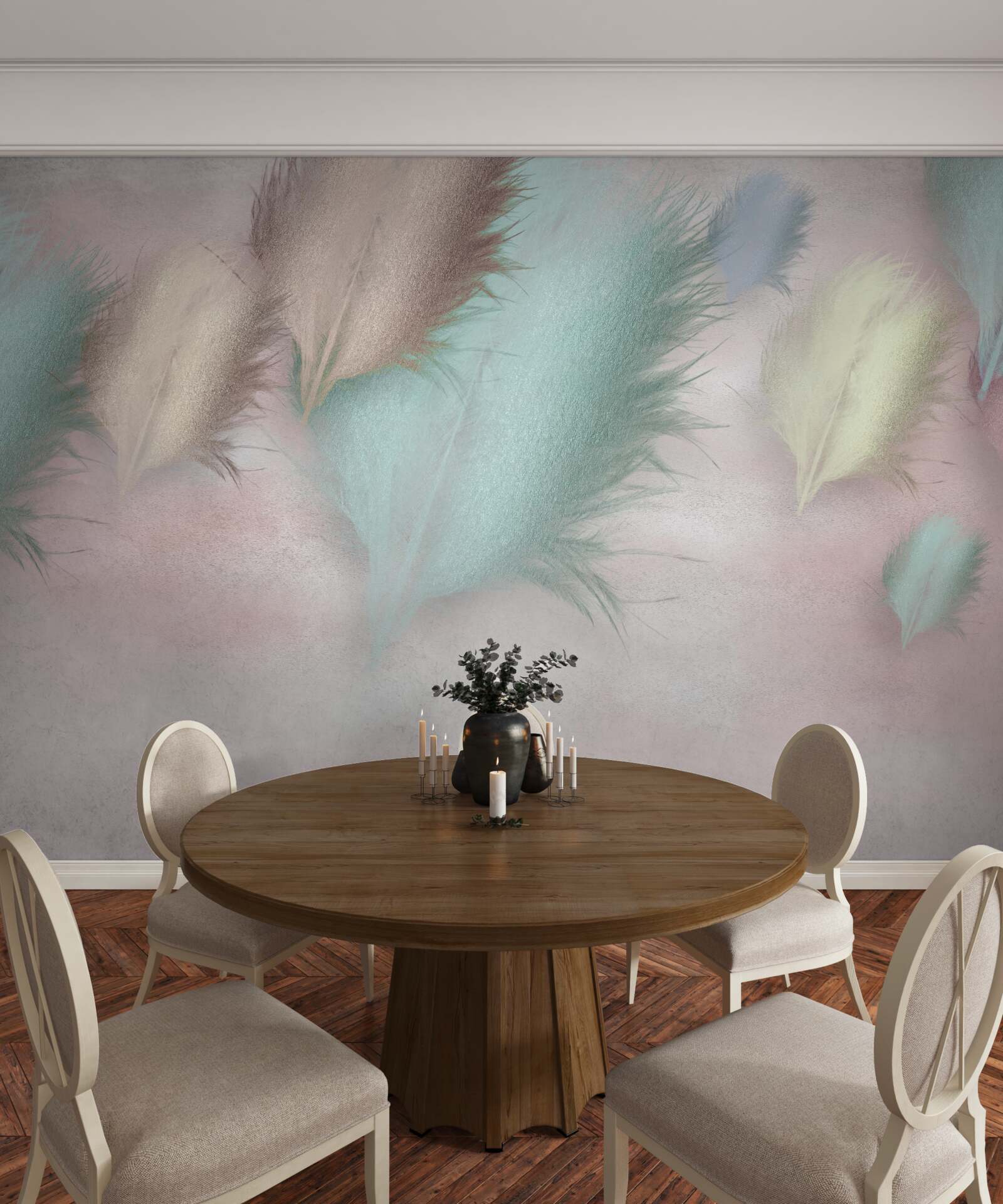 Фотошпалери пір'я різних відтінків пливе на тлі рожевого неба