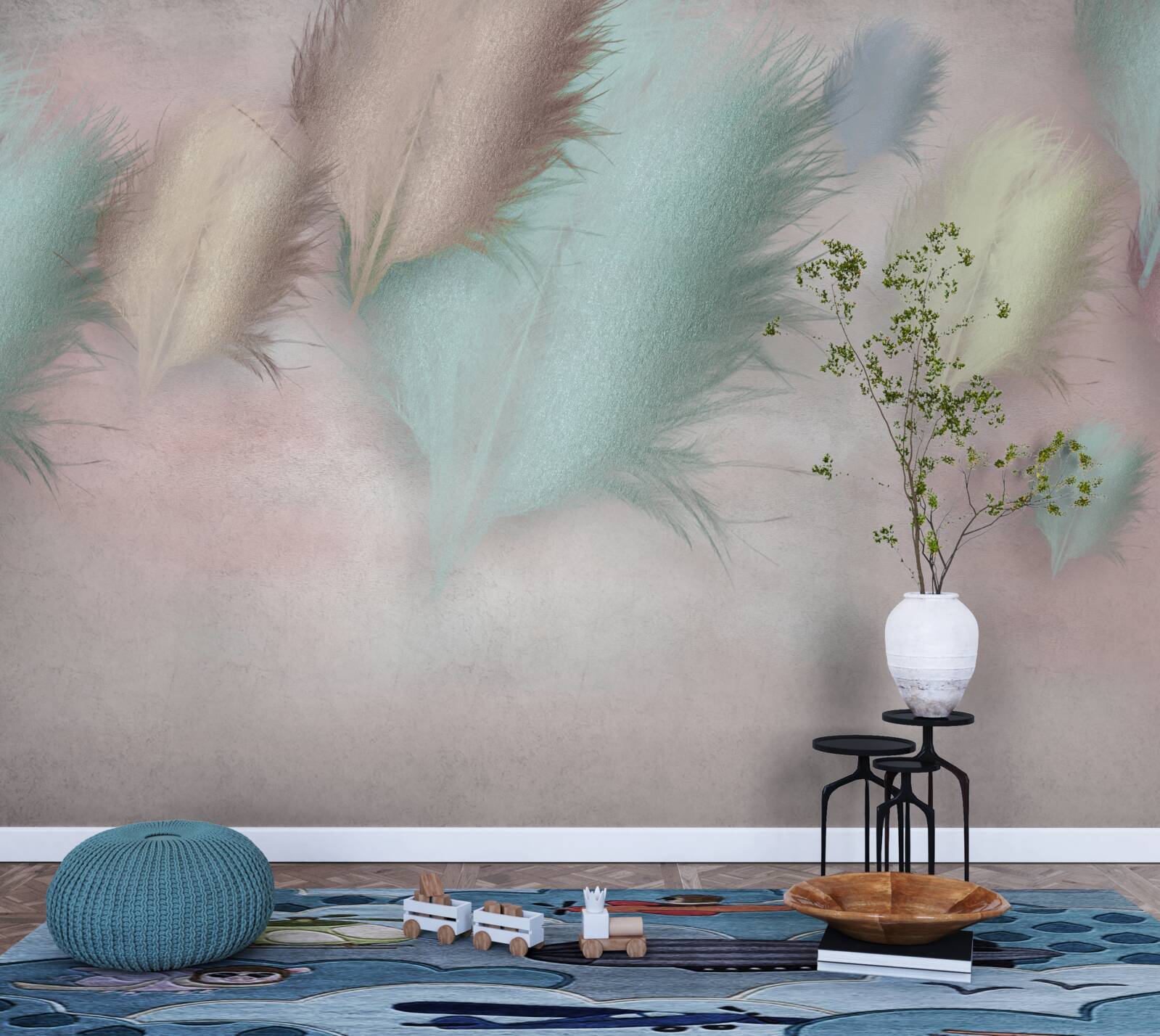 Фотошпалери пір'я різних відтінків пливе на тлі рожевого неба