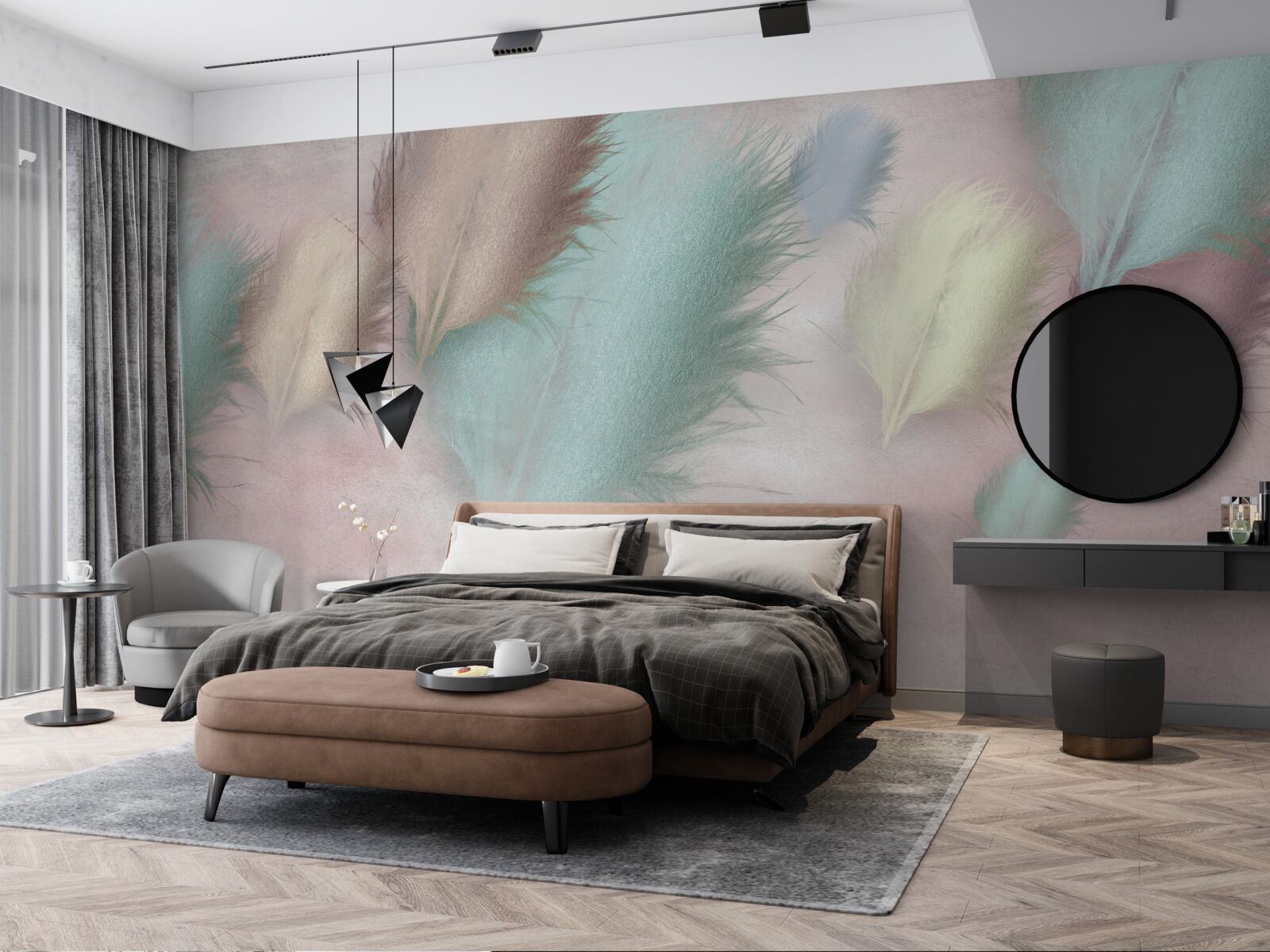 Фотошпалери пір'я різних відтінків пливе на тлі рожевого неба