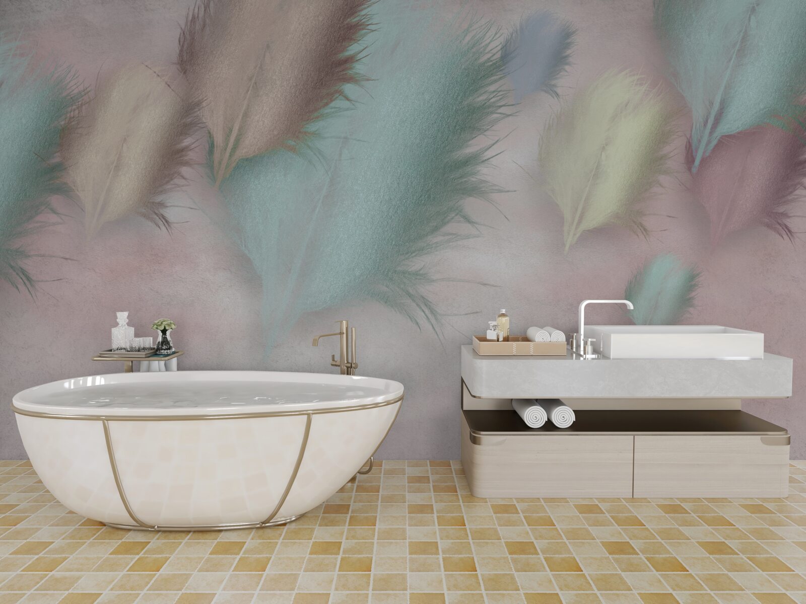 Фотошпалери пір'я різних відтінків пливе на тлі рожевого неба