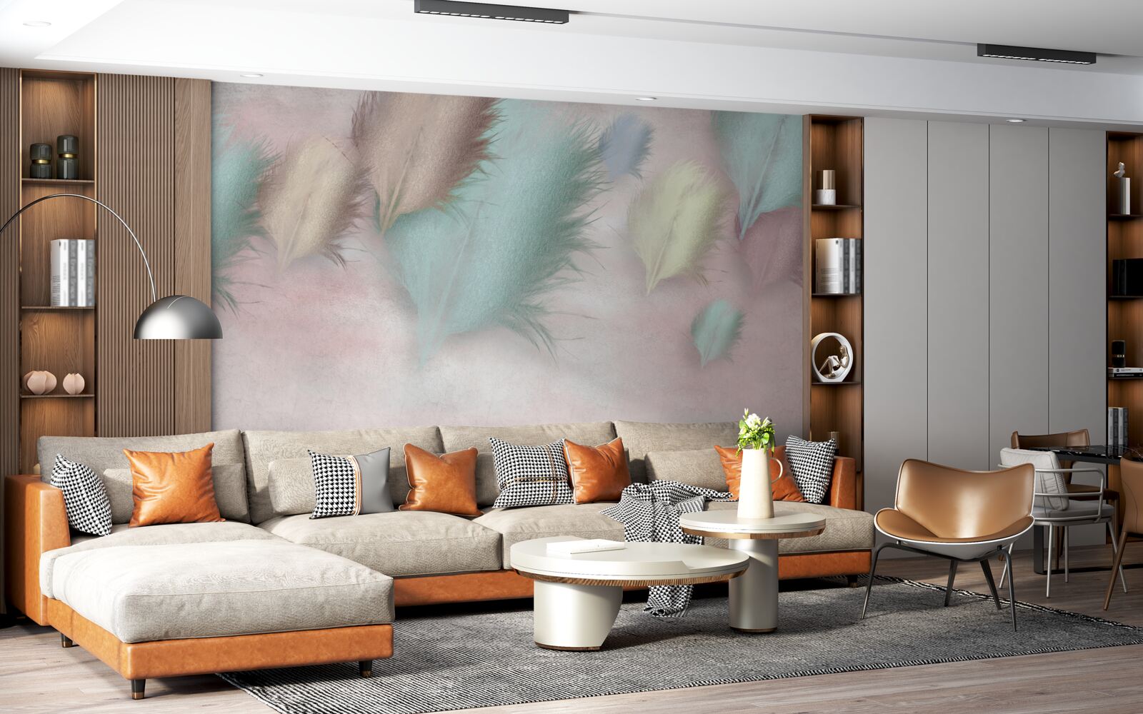 Фотошпалери пір'я різних відтінків пливе на тлі рожевого неба