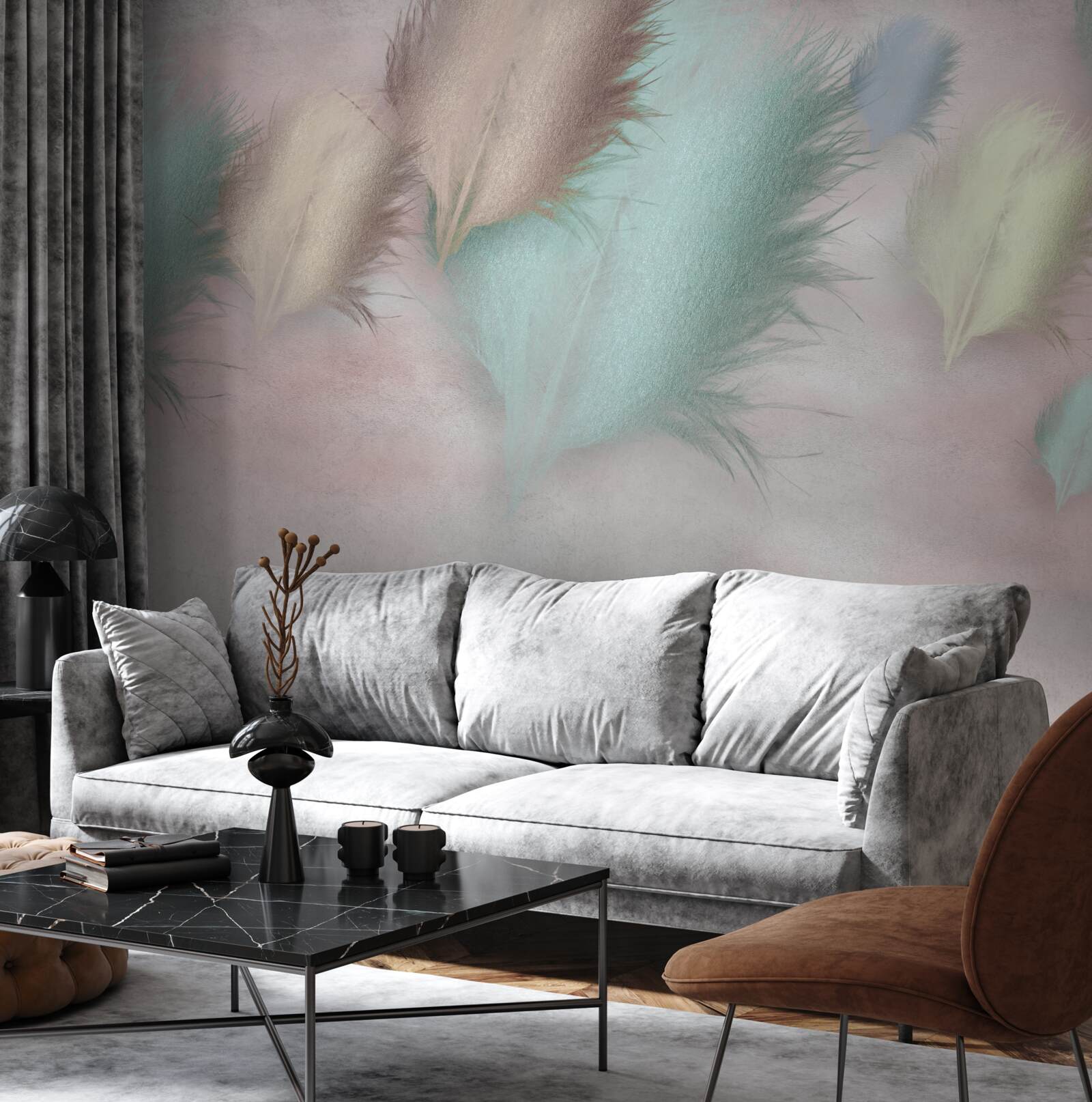 Фотошпалери пір'я різних відтінків пливе на тлі рожевого неба