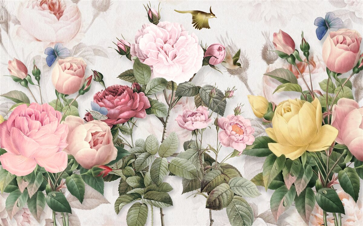 Фотошпалери вибухове поєднання зелені та літніх квіткових тонів