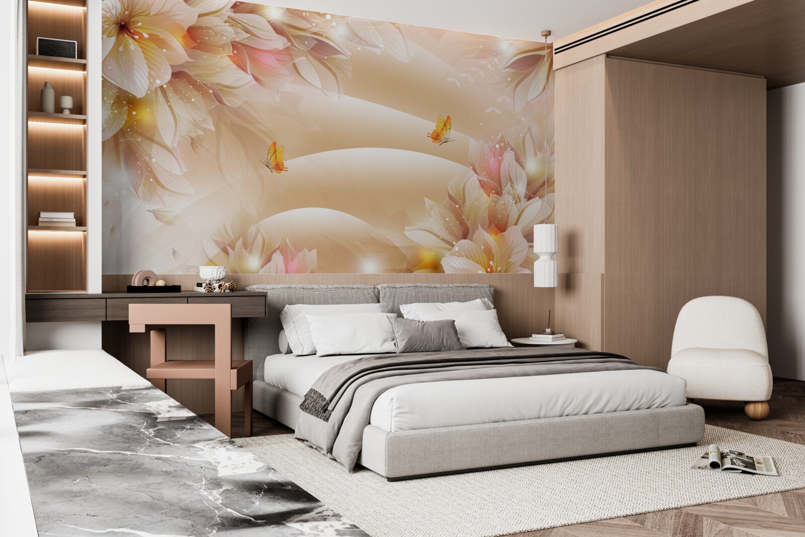 Фотошпалери квітучі бутони прикрашають коричневий шовк