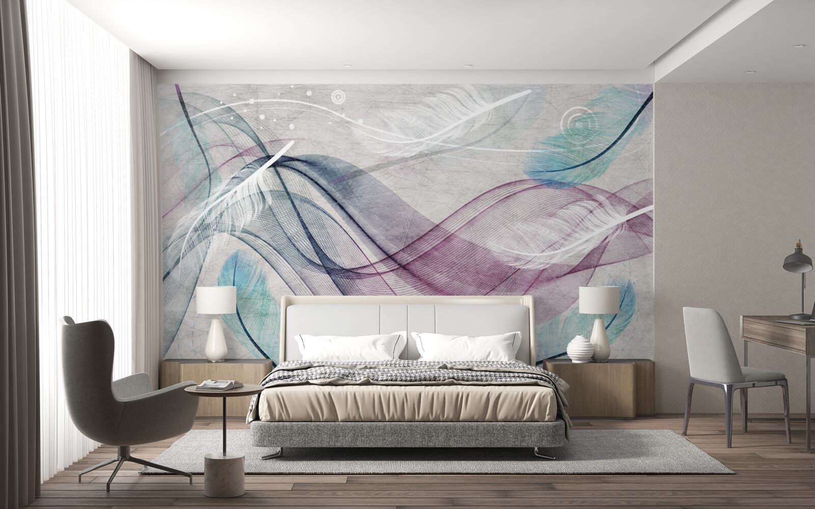 Фотошпалери абстракція у кольорах пір'я та хвиль