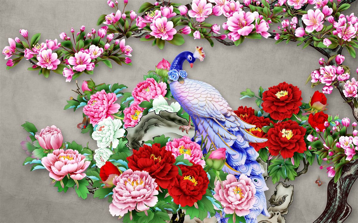 Фотошпалери павич з красивим оперенням на гілках квітучих магнолій і троянд