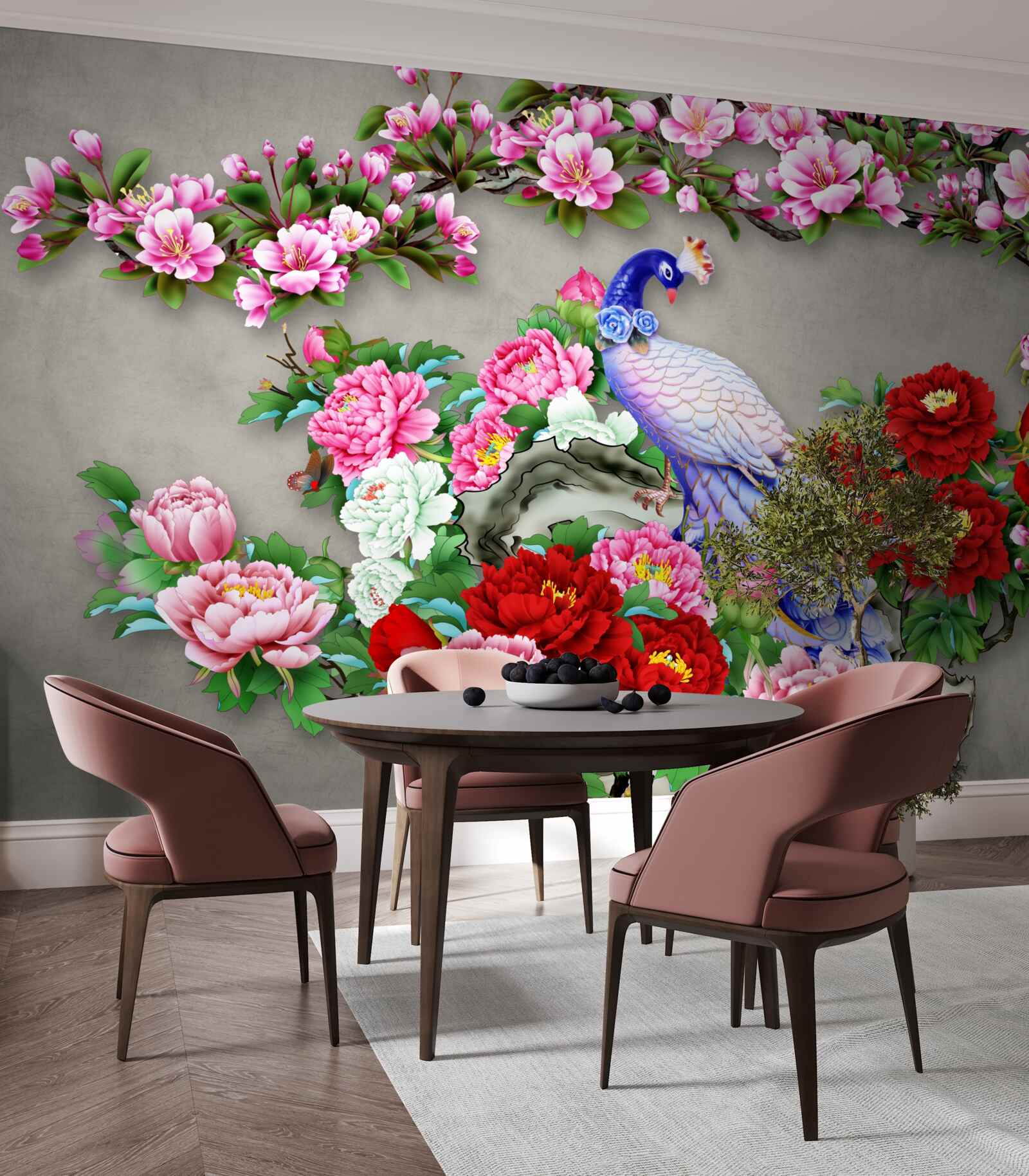 Фотошпалери павич з красивим оперенням на гілках квітучих магнолій і троянд