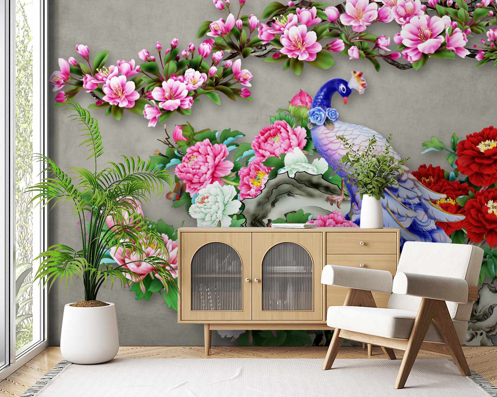 Фотошпалери павич з красивим оперенням на гілках квітучих магнолій і троянд