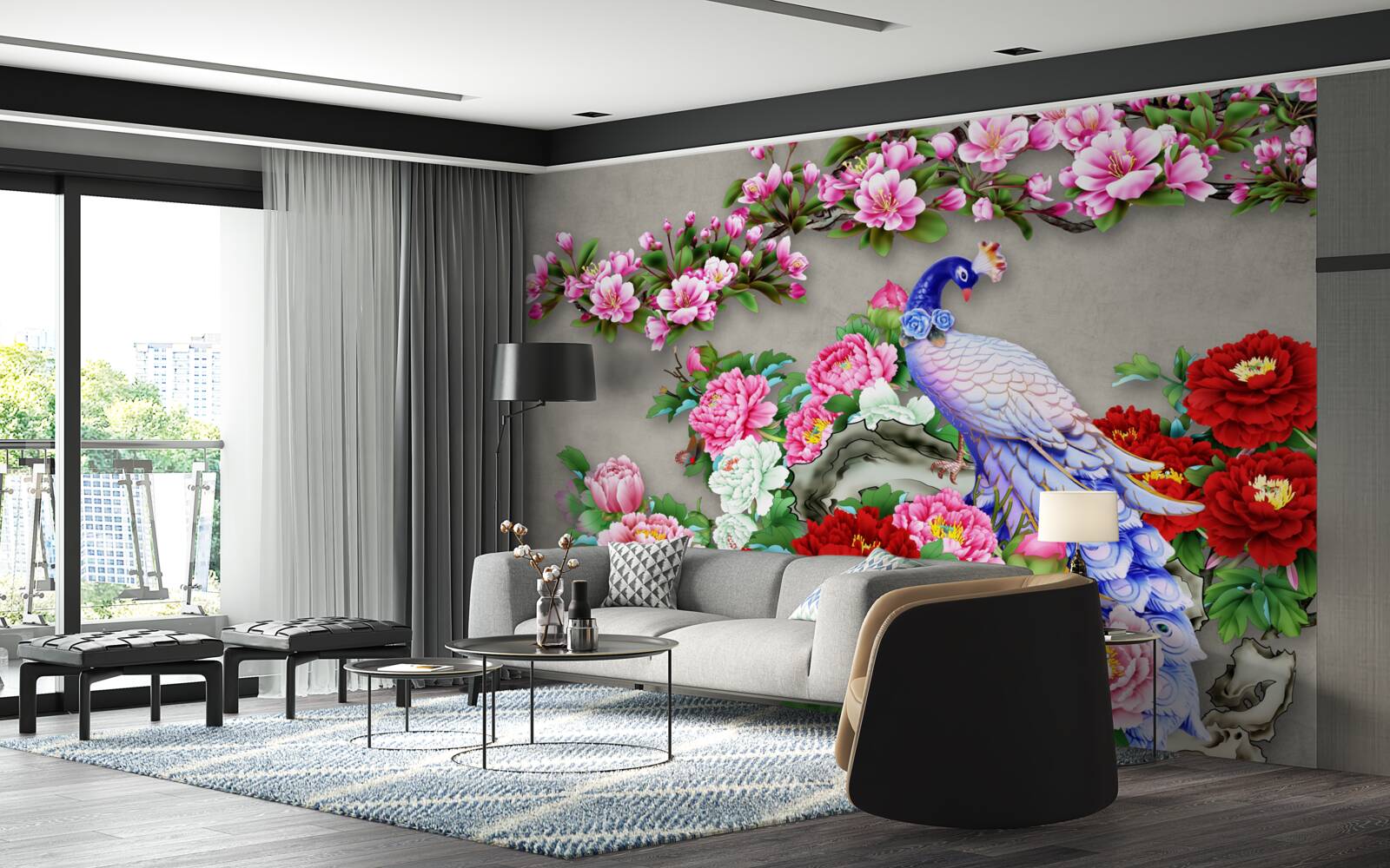 Фотошпалери павич з красивим оперенням на гілках квітучих магнолій і троянд