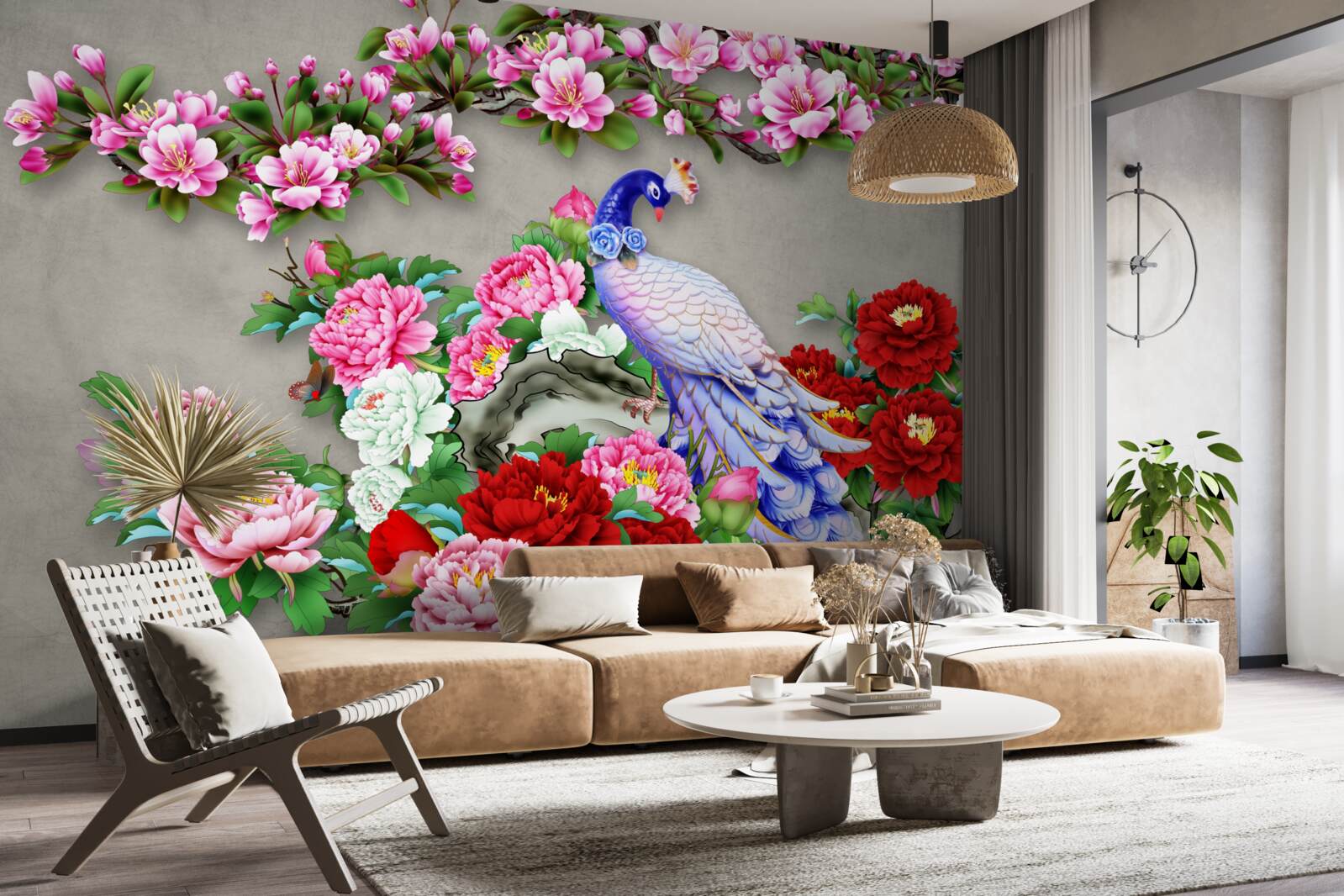 Фотошпалери павич з красивим оперенням на гілках квітучих магнолій і троянд