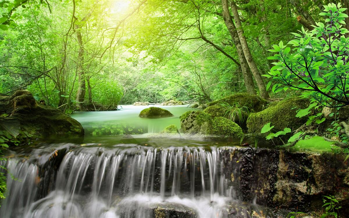 Фотошпалери сонячні промені досягають водоспаду