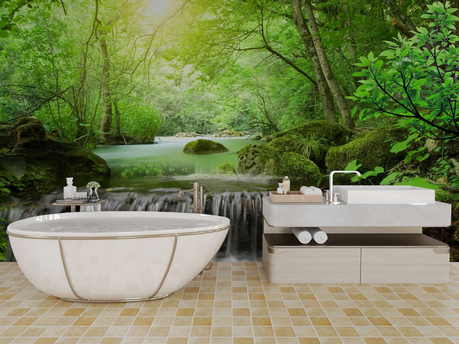 Фотошпалери сонячні промені досягають водоспаду