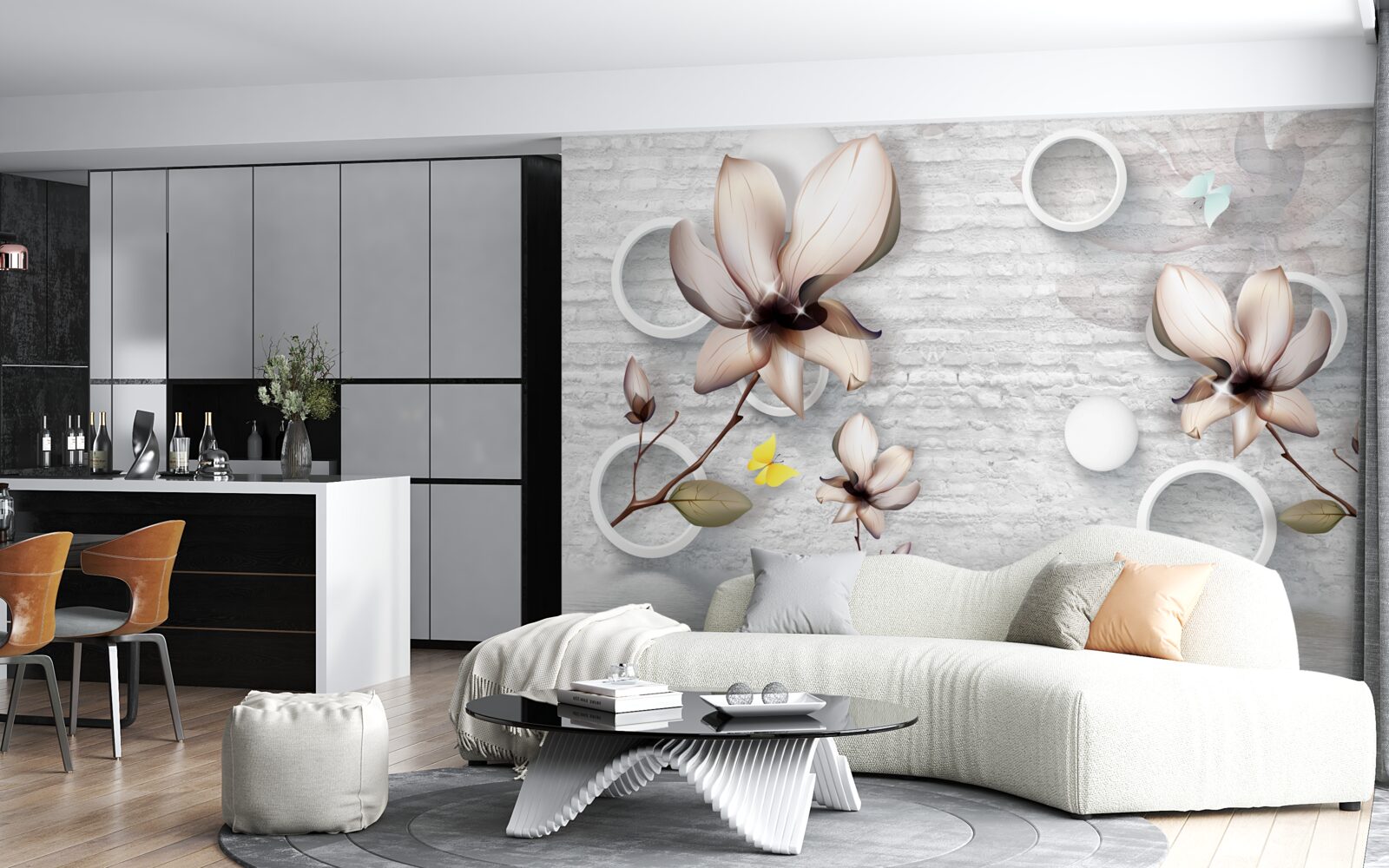 Фотошпалери різнокольорові бутони на незвичайному цегляному тлі