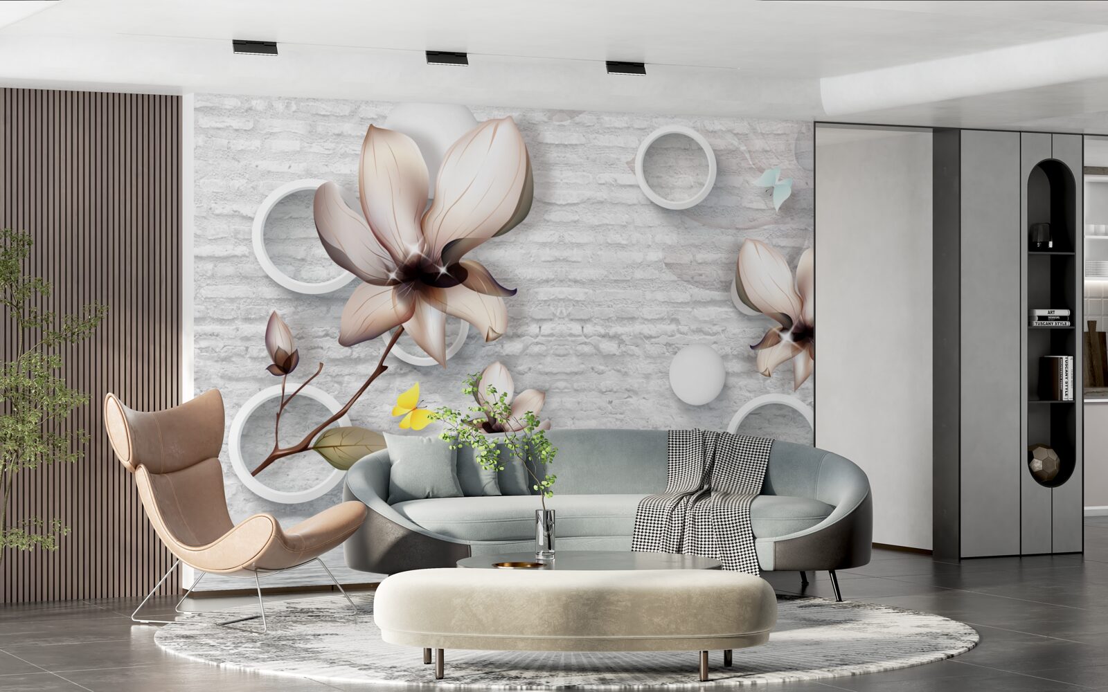 Фотошпалери різнокольорові бутони на незвичайному цегляному тлі